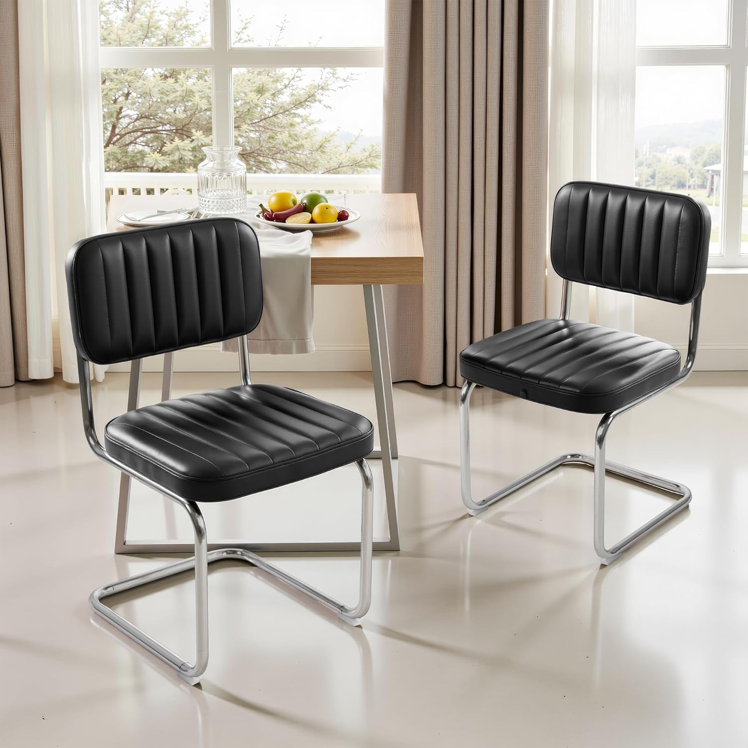 Faux Leather Dining Chairs Set of 2 | Modern Armless Accent Chairs with Comfortable Seat & Backrest | Upholstered Black Metal Legs for Living Room, Kitchen, Cafe - CangLong