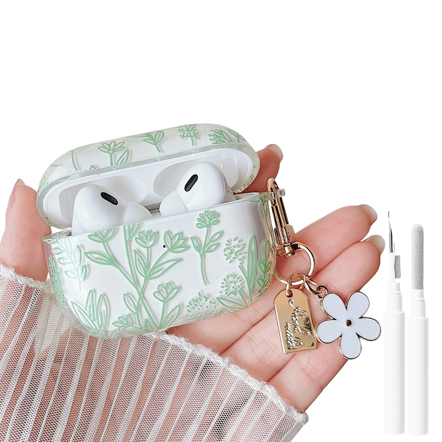 MINSCOSE for AirPods Pro 2nd/1st Generation Clear Case,Cute Flower Floral Aesthetic Design with Floral Keychain, Soft TPU Protective Shockproof Case for Women Girl for Airpods Pro/Pro 2-Green