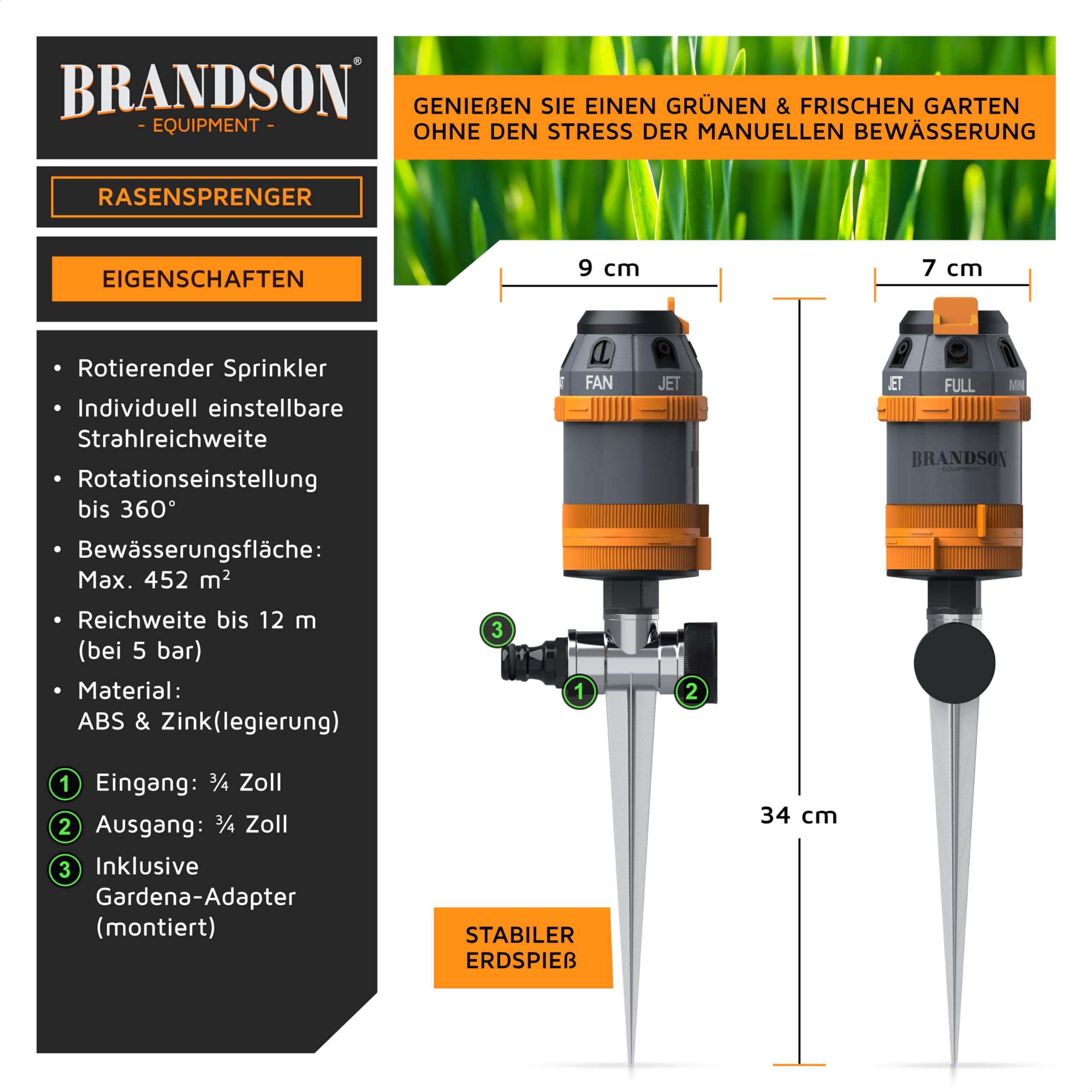 Brandson – 360 Grad Rasensprenger 3/4 Zoll - 6 Sprühmuster - Rasensprinkler für große Flächen – Gartensprenger - Bewässerungssektor 5°-360° – einstellbare Sprühhöh – für Garten Rasen Pflanzen Beete