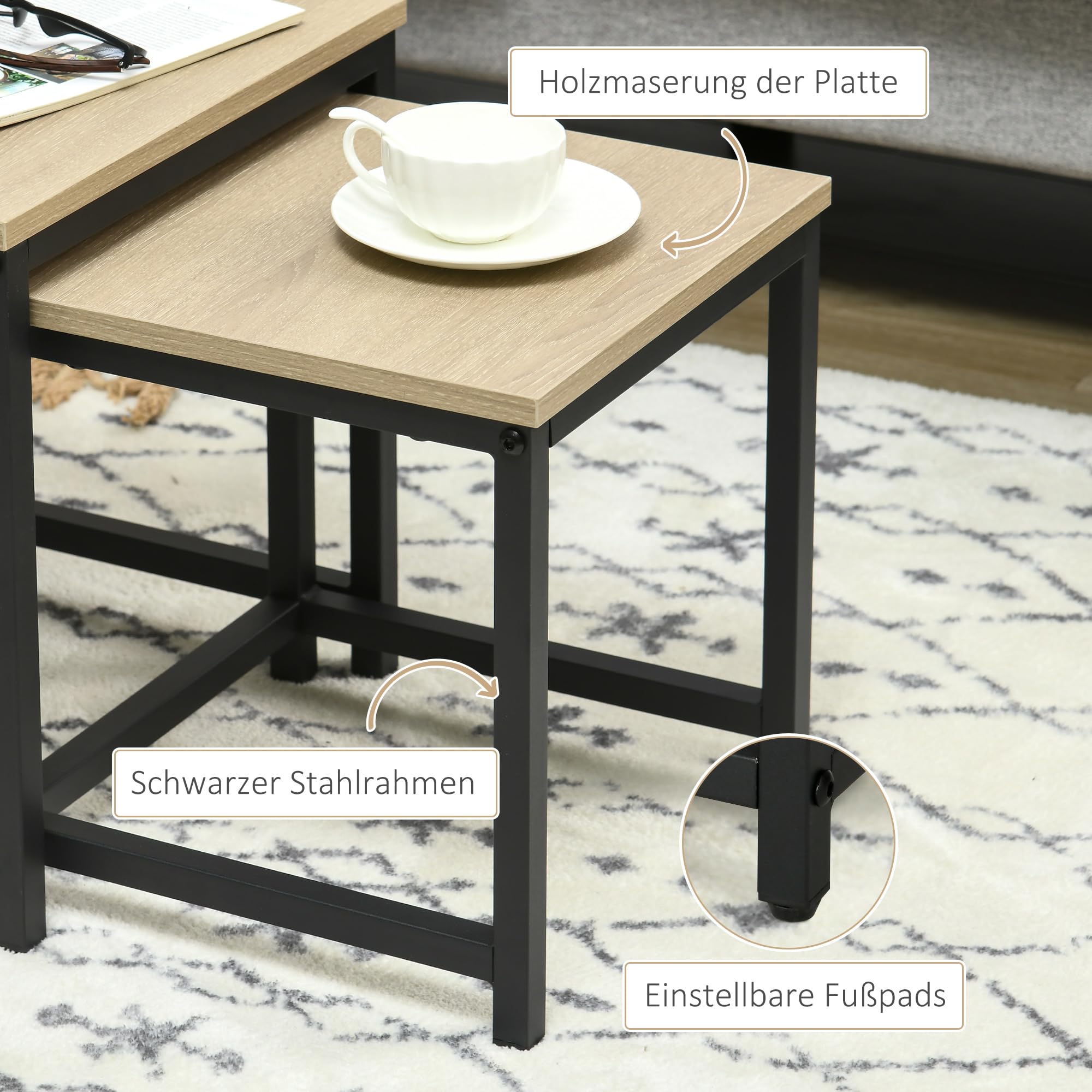 HOMCOM 3er-Set Couchtisch Quadratischer Beistelltisch Stahlrahmen Natur | Sofatisch, Kaffeetisch, Satztisch mit Holzoptik, Wohnzimmertisch im Industriedesign