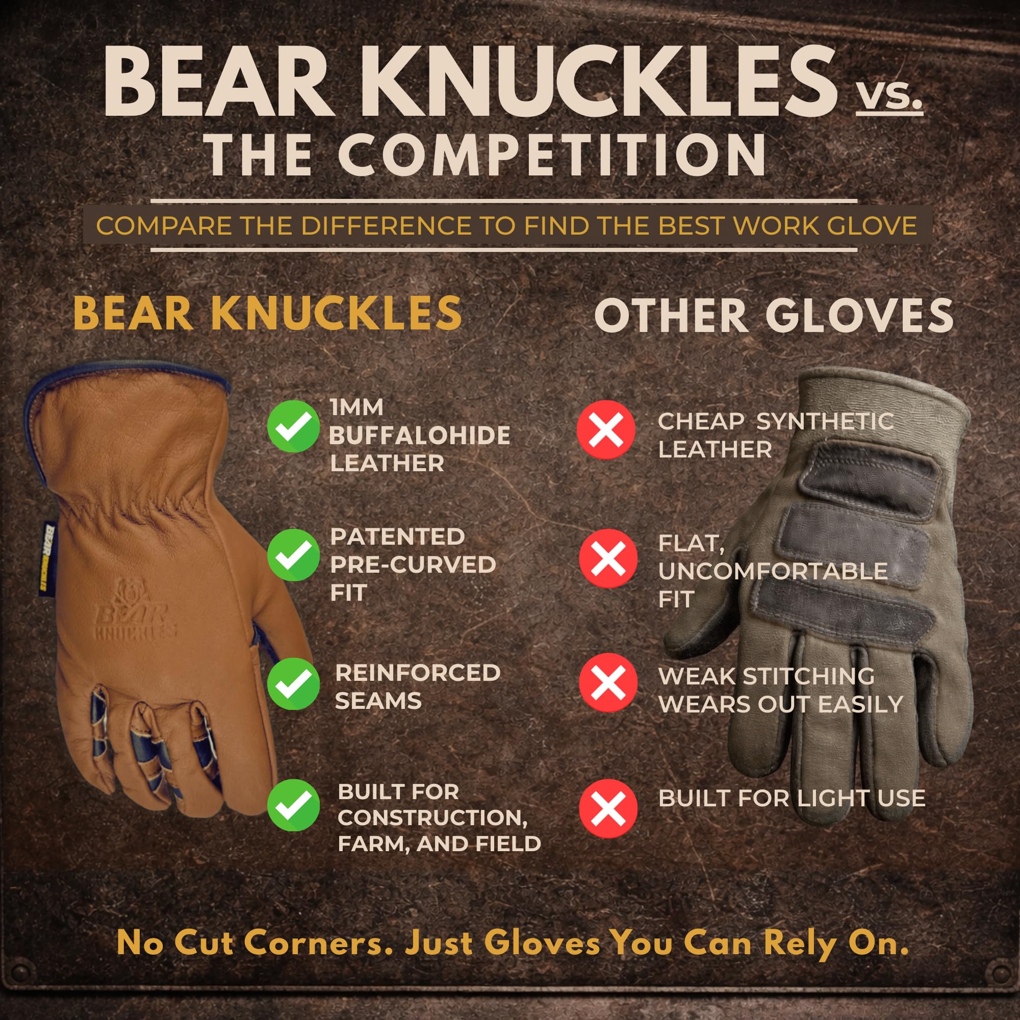 Bear Knuckles D451 podwójna brązowa rękawica robocza ze skóry bydlęcej o regularnej wytrzymałości (rozmiar L)