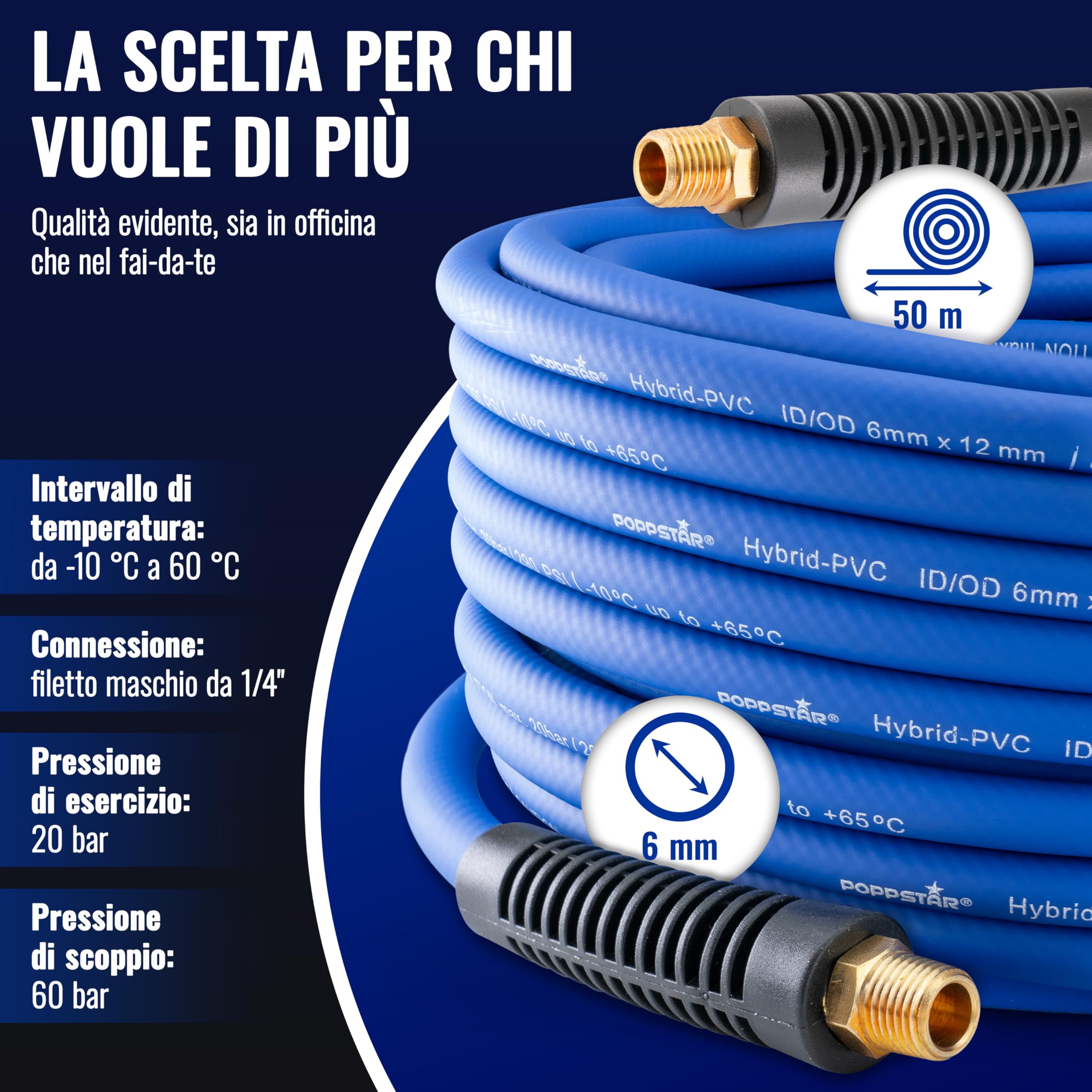 Poppstar Tubo per aria compressa in PVC ibrido 50 m, diametro interno 6 mm, beccuccio in ottone 1/4", 20 bar, blu