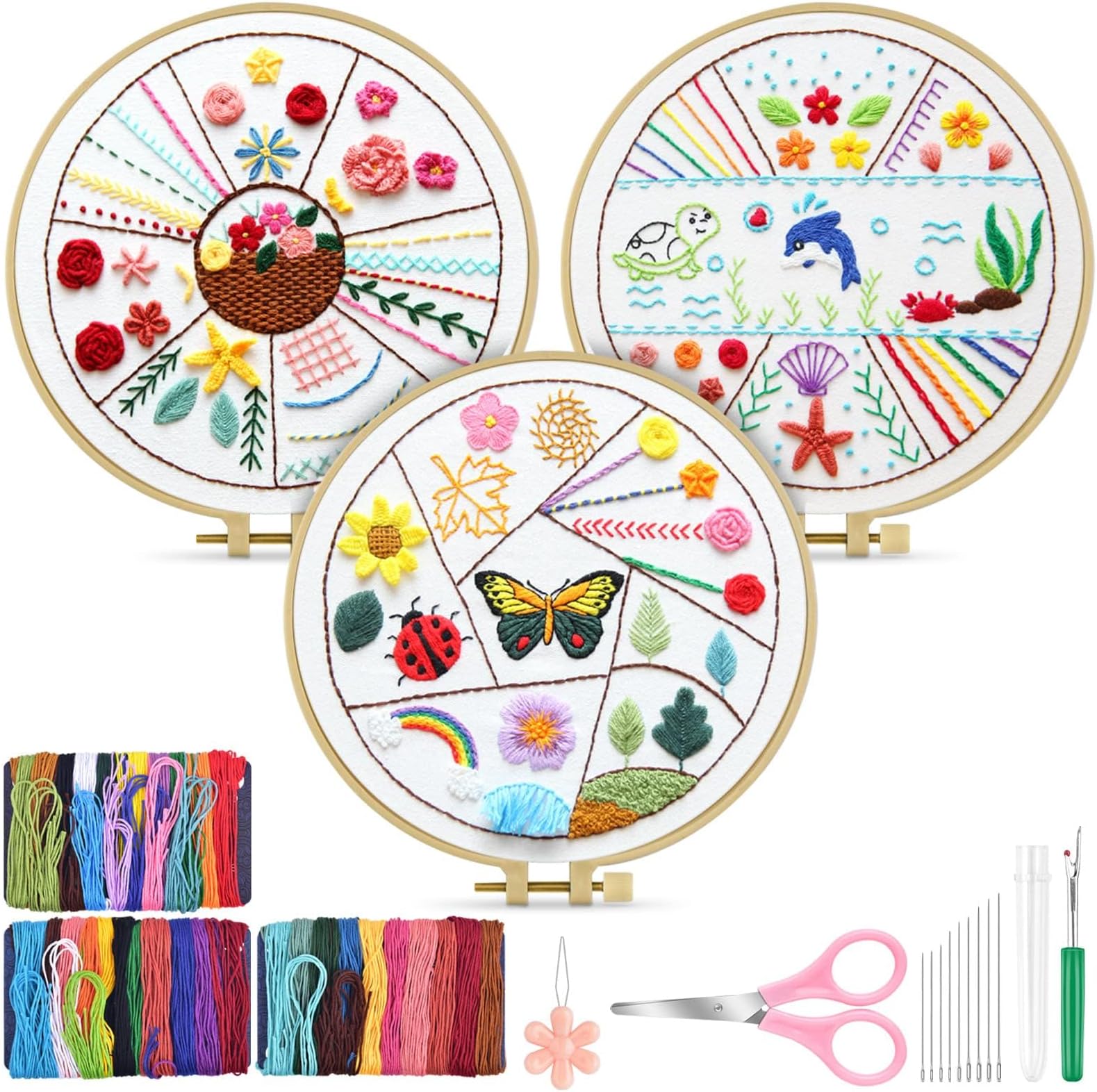 Excefore Beginners Embroidery Stitch Practice Kit - 3 Sets Animal Kit With Cloth, Hoops, Threads for Craft Lovers - Hand Stitch With Skill Techniques