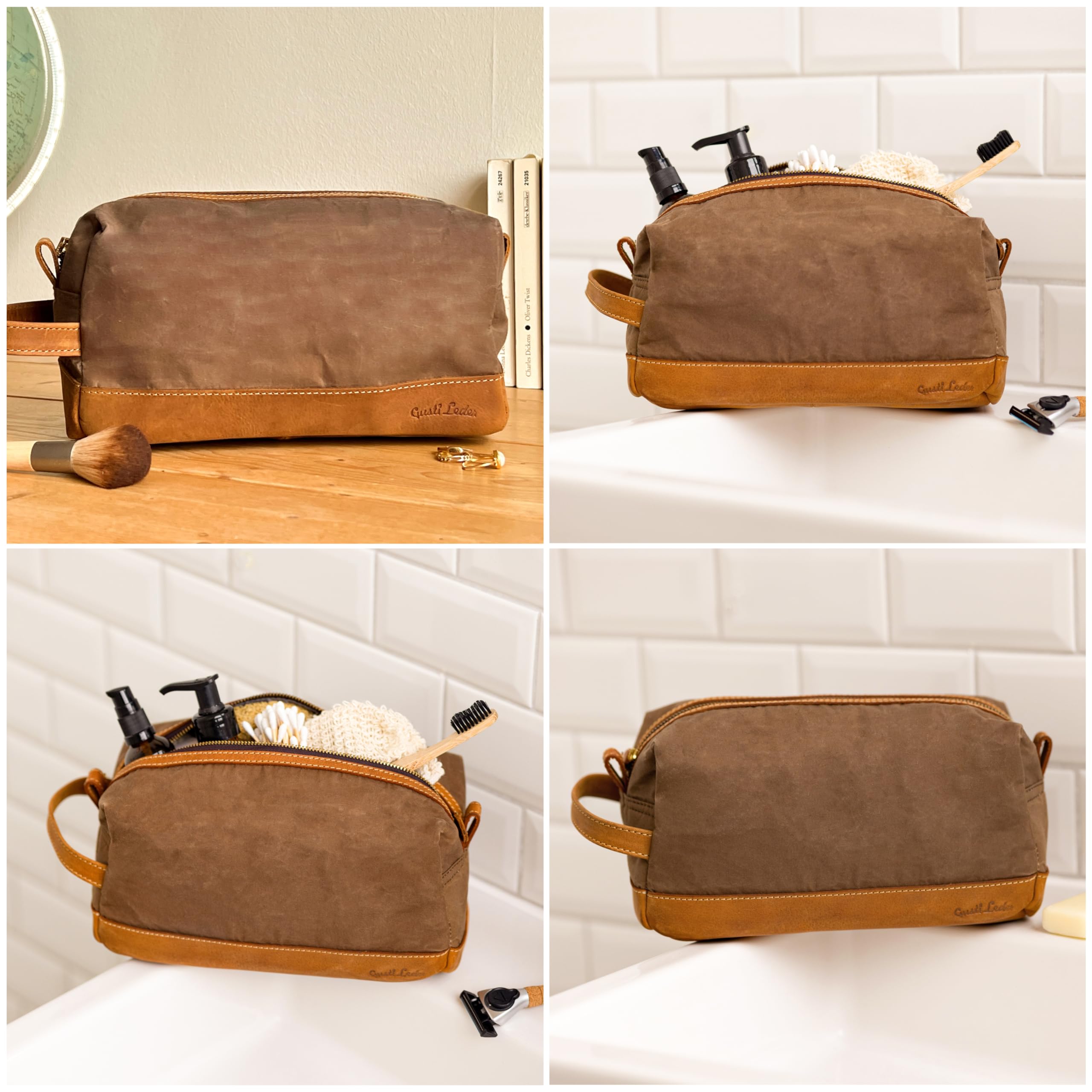 Gusti Waschtasche Leder - Myra Kulturtasche Kulturbeutel mit wasserfestem Canvas Braun Leder