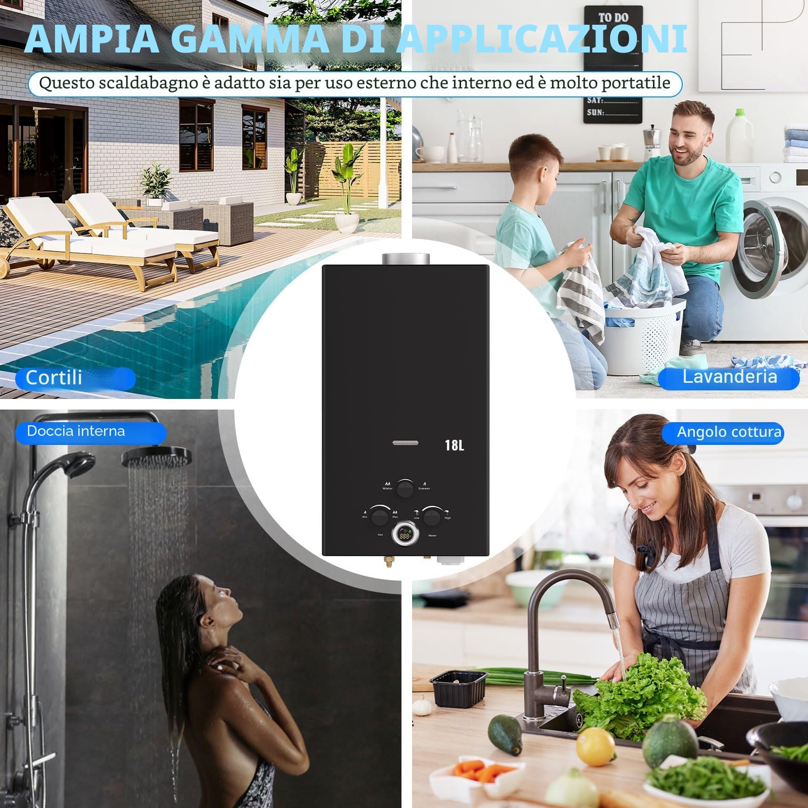 Scaldabagno a Gas 18L, All'aperto Portatile Scaldabagno Istantaneo a Propano Con Display Digitale Multi-Protezione Parete senza Serbatoio Scaldacqua Istantaneo Automatico, classe energetica A