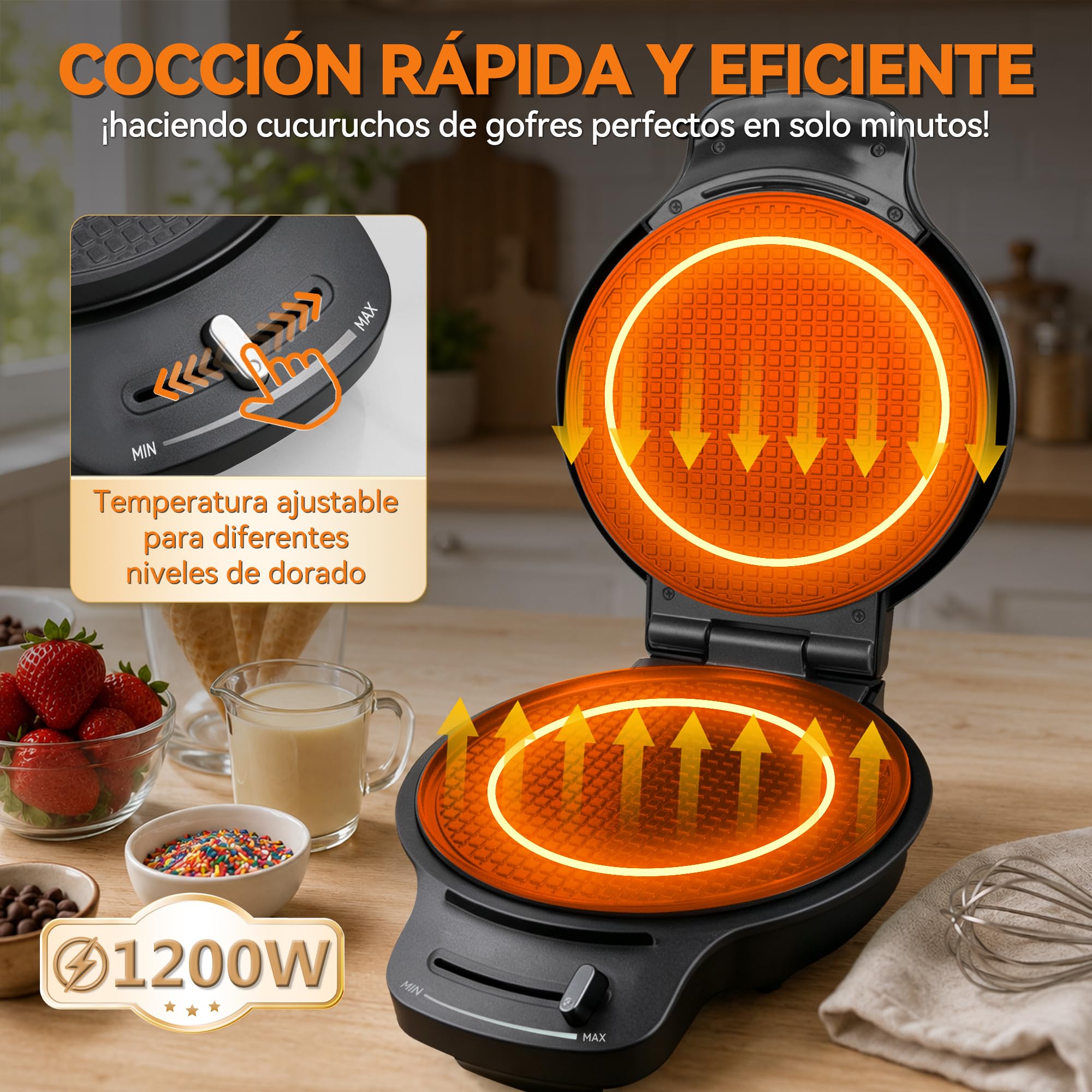 Baker's Friend Máquina Gofres Conos Helado, Control Tostado, Gofrera 7,5" Fina Antiadherente, Gofres Crujientes, Rodillo Conos, Color Grafito