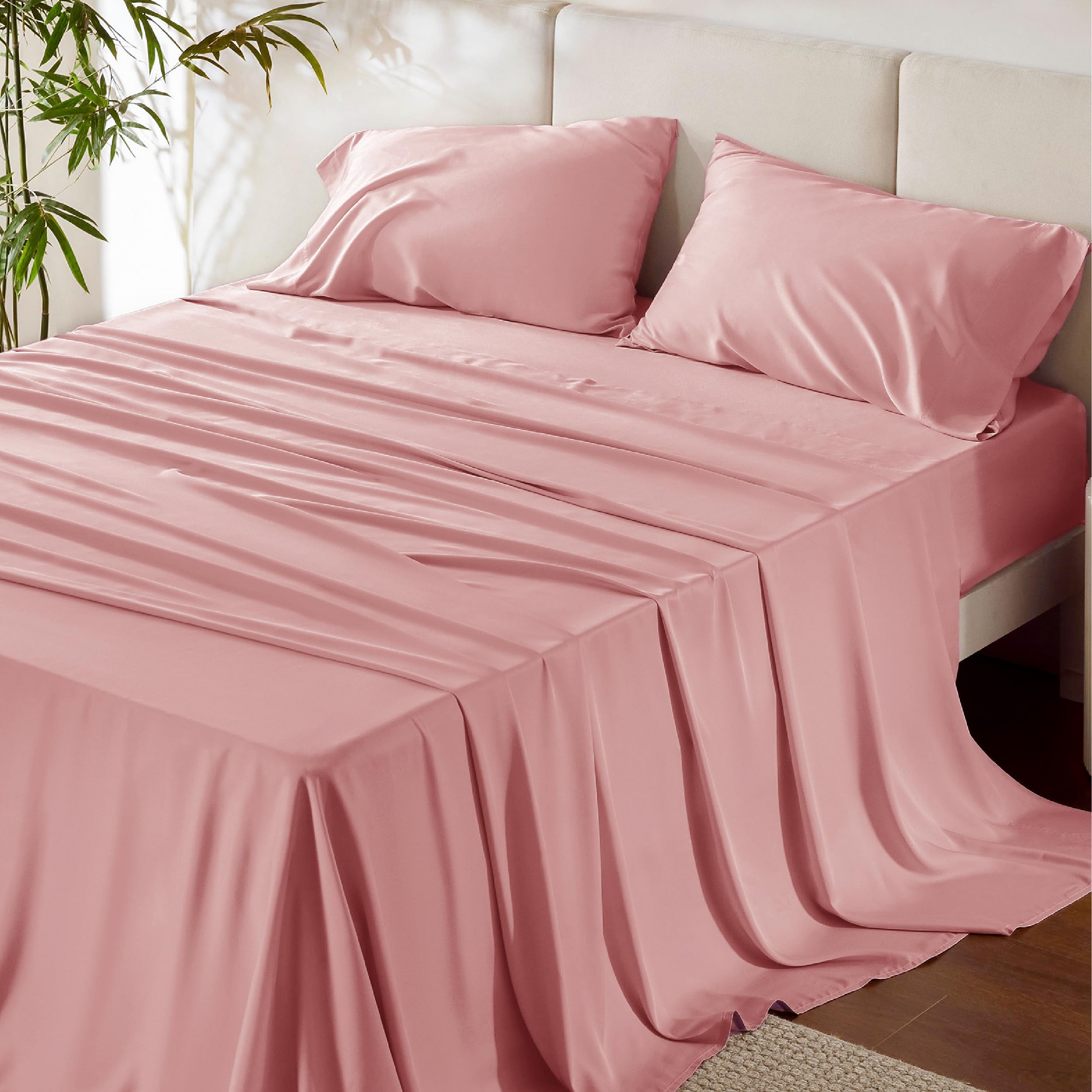 Bedsure King Size Sheet Sets, Cooling Sheets for Hot Sleepers, Rayon Derived from Bamboo, Breathable & Soft Deep Pocket Up to 16 Inches, Hotel Luxury Silky Bedding, Bedsheet & Pillowcases, Blush Pink