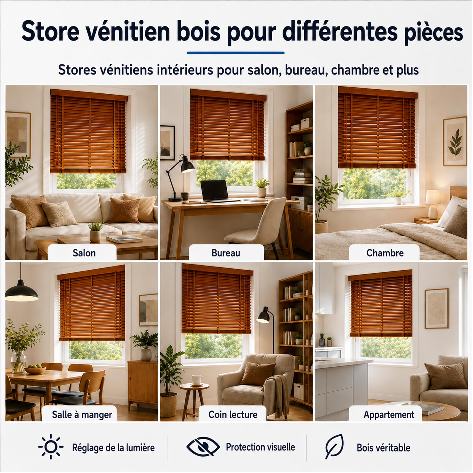 Store venitien Bois sur Mesure pour fenetre Interieure, Bois de Paulownia veritable avec Lames 50 mm, Pose avec percage, Cordon, Protection visuelle et reglage de la Lumiere Walnussfarben