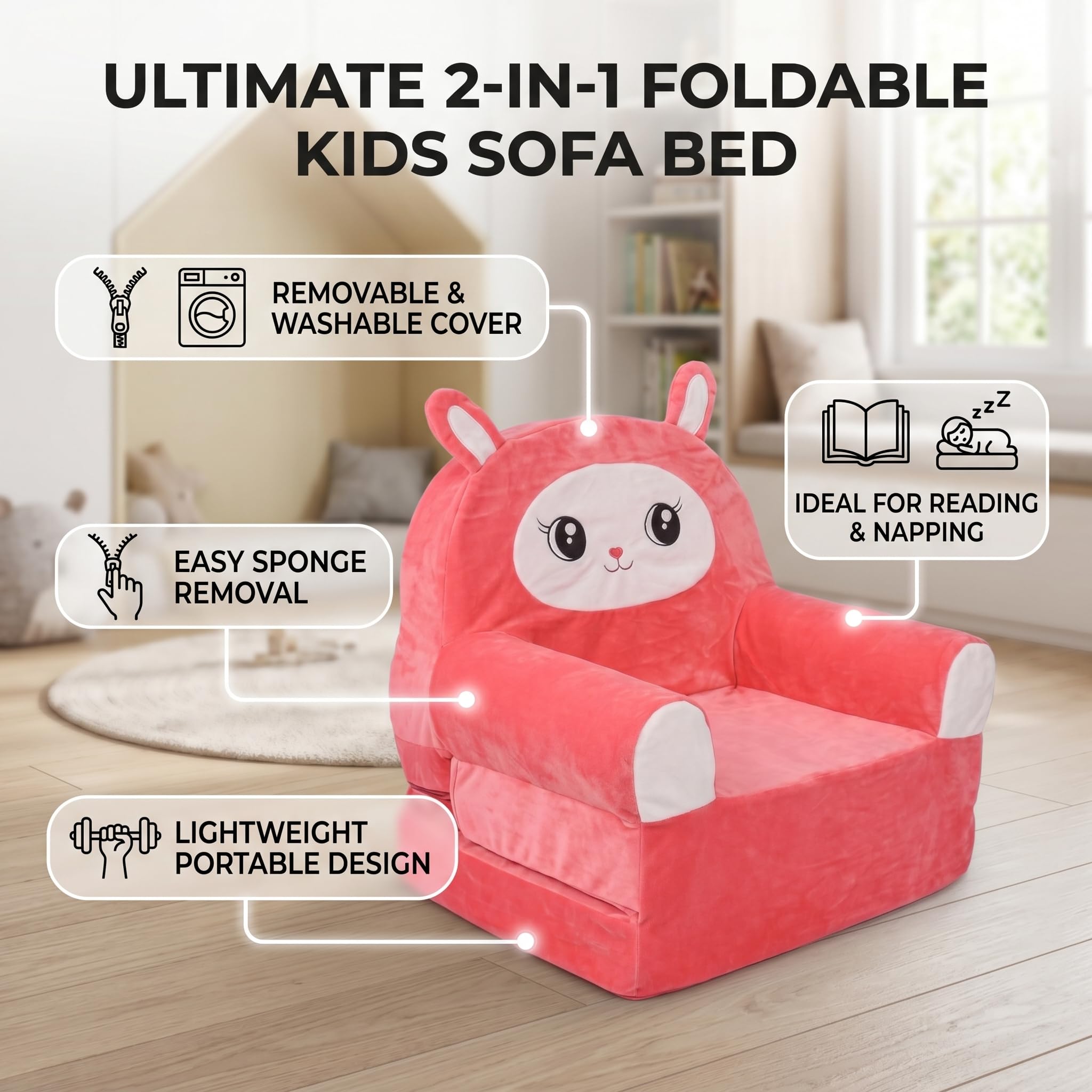 Sofá Cama Plegable 2 en 1 para Niños, Diseño Abierto con Forma de Dibujos Animados de Tamaño Largo, con Delicada Tela de Terciopelo y Funda Lavable Extraíble (F)
