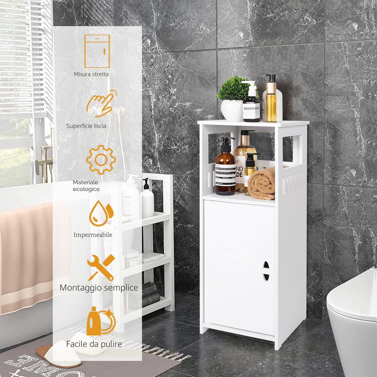 Mobile contenitore da terra per bagno bianco, mobile salvaspazio con anta e ripiano, mobile da bagno, comodino/mobile laterale per camera da letto, soggiorno.