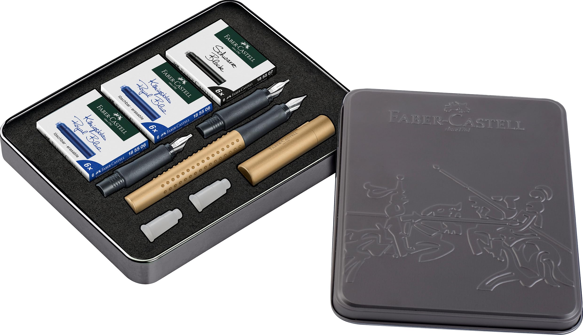 Faber-Castell 201518 - Zestaw do kaligrafii Grip Gold, pióro wieczne F z zapasowymi stalówkami 1,4 mm i 1,8 mm, w tym naboje atramentowe czarny i błękit królewski
