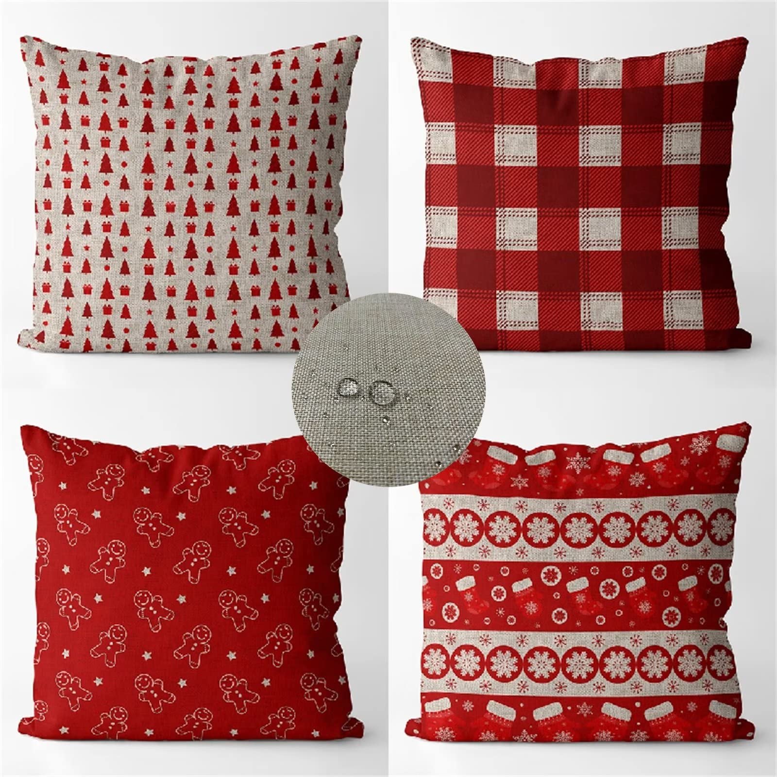Federe Cuscini Divano 55x55 Set di 4 Cuscini per Divano impermeabile Lino Esterno Cuscini Decorativi Albero Natale Motivo Cuscini Divano Soggiorno da Letto Estate giardino Copricuscino (Rosso) JW-9007