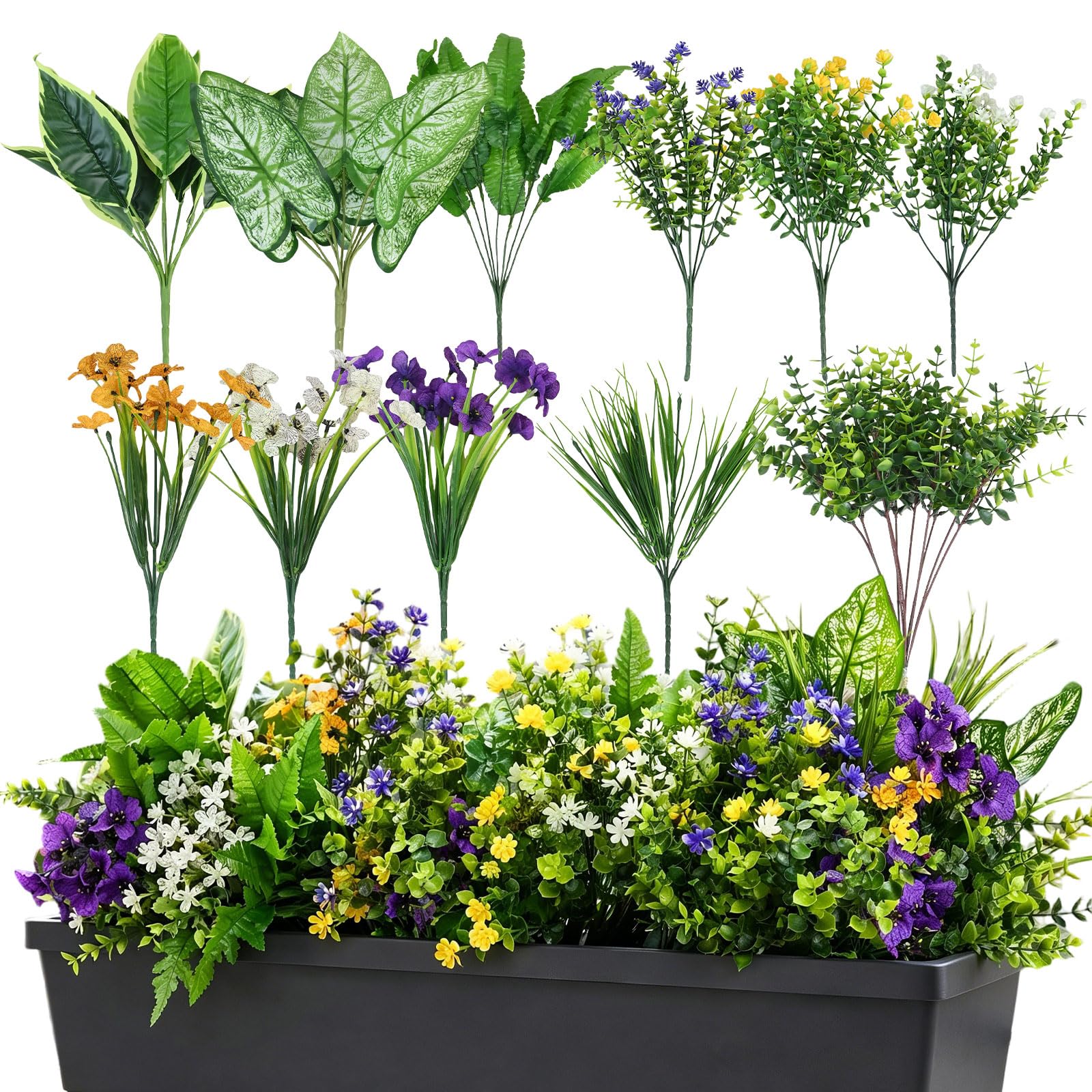 CECOMBINE 20PCS Artificial Plants Outdoor, Mixed Fake Flowers and Greenery Stems, Faux Plastic Plants with Boston Fern, Lavender and Green Leaves for Garden Planters