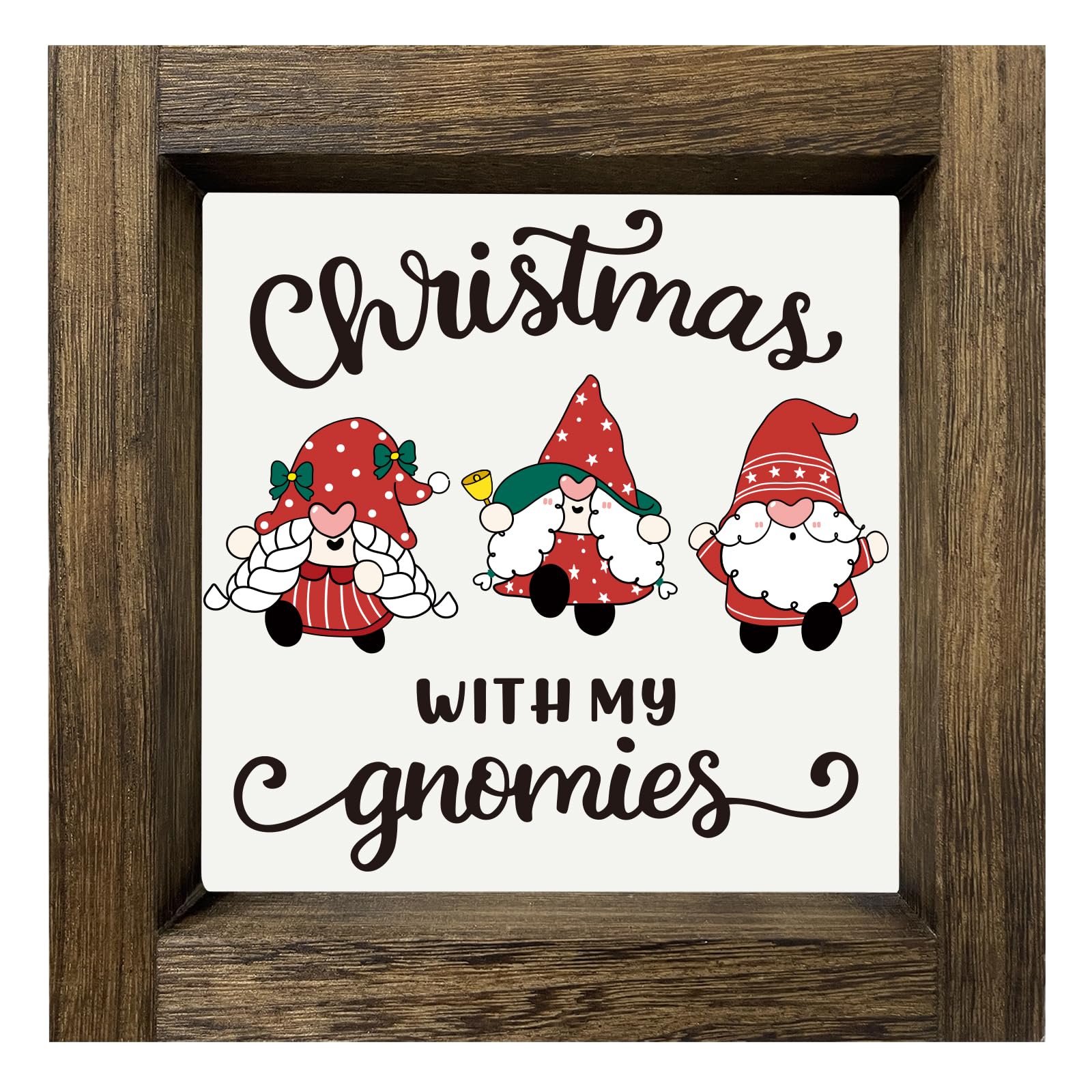 Funny Gnome Christmas Decorations, Novelty Gnome Wood Sign for Holiday Home Decor, Gnome Prints with Wood Frame for Table Wall Decor, Xmas Tiered Tray Decor, Gnome Party Decor Supplies, 7x7 inch