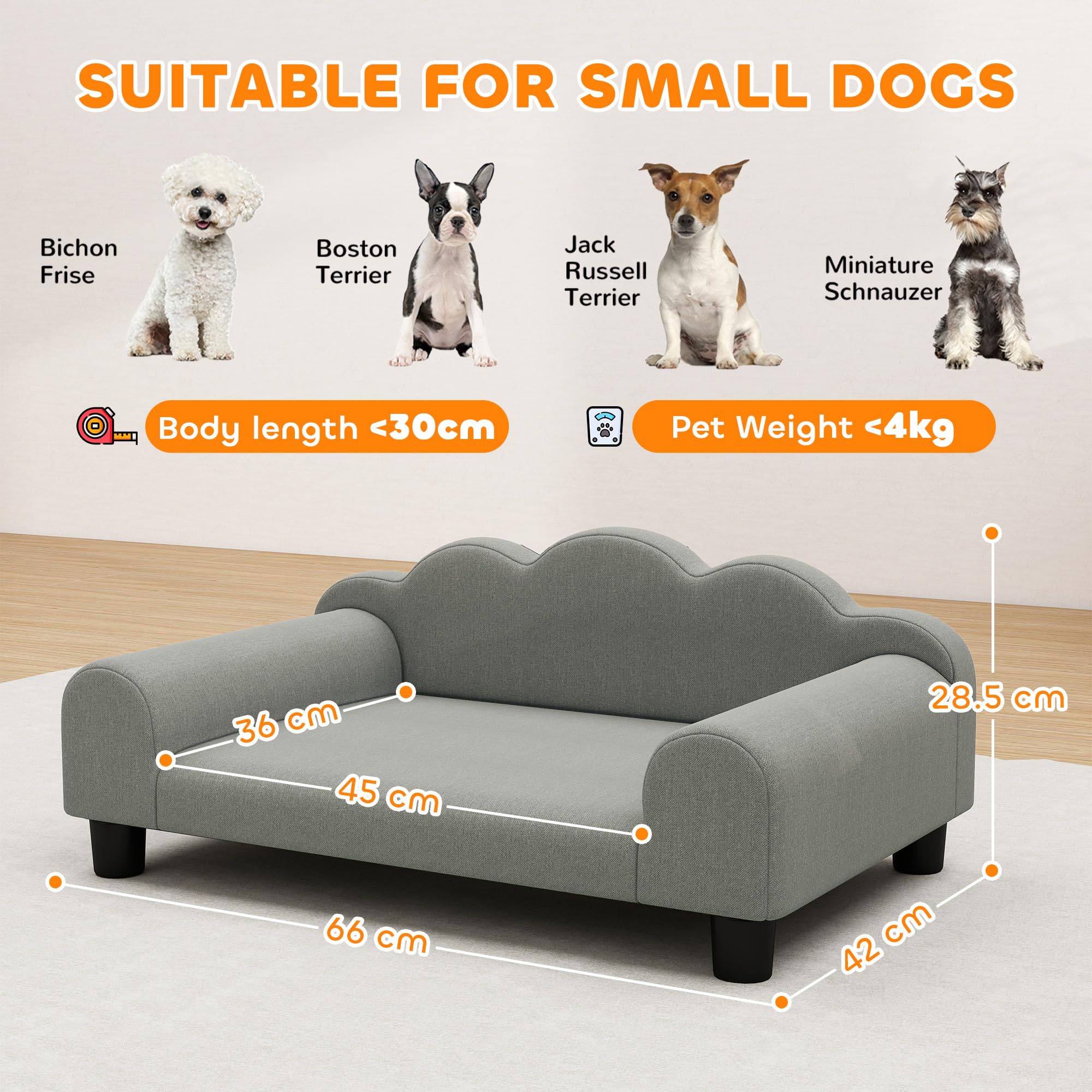 PawHut Canapé pour Petit Chien avec accoudoirs, Bois et Tissu éponge, 66x42x28.5 cm, Gris