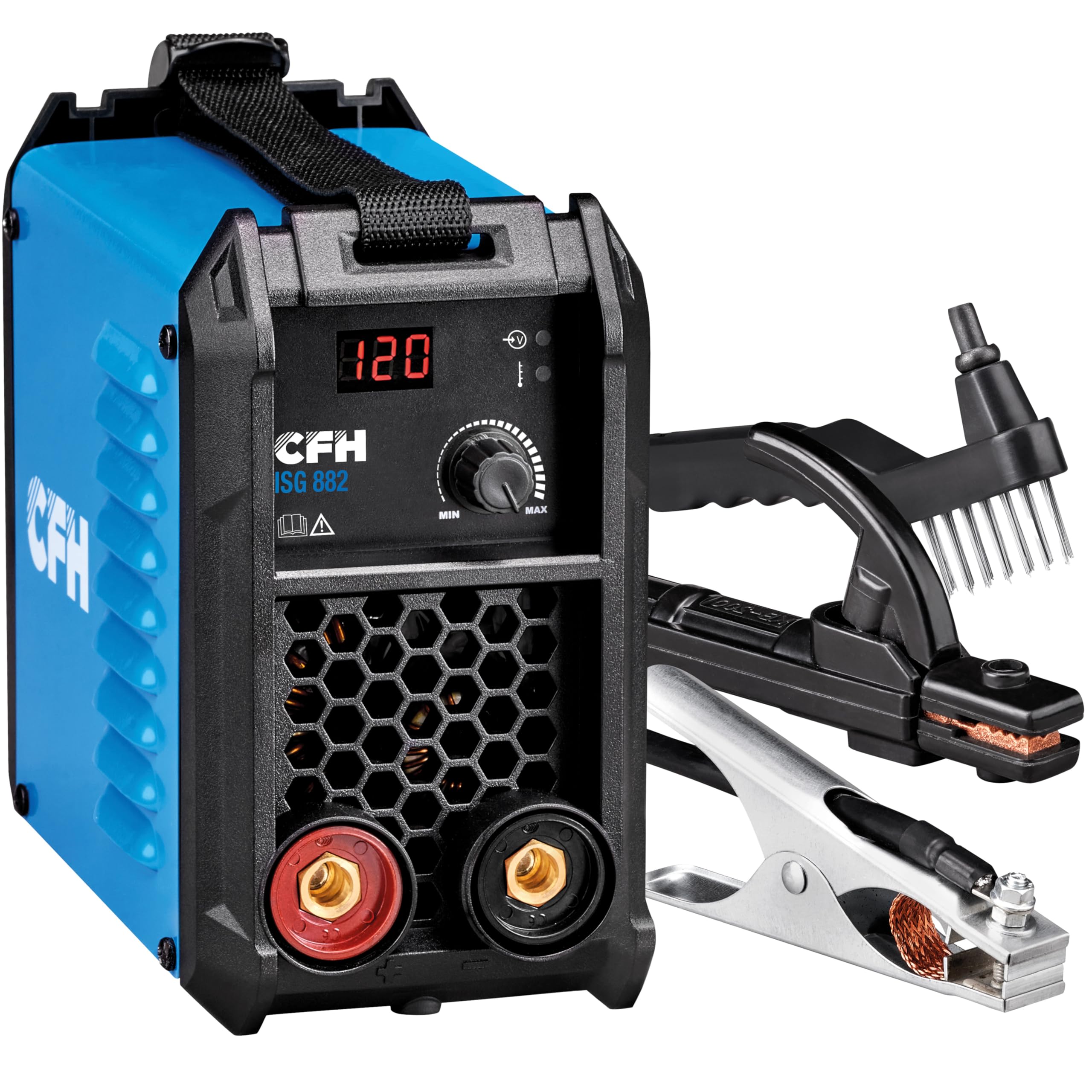 CFH Inverterschweißgerät 120 A ISG 882 - MMA-Schweißgerät mit Hot Start, Anti Stick, Arc Force & Überhitzungsschutz, 15–120 A, für Stabelektroden Ø 1,5–3,2 mm, bis 4 mm Materialstärke