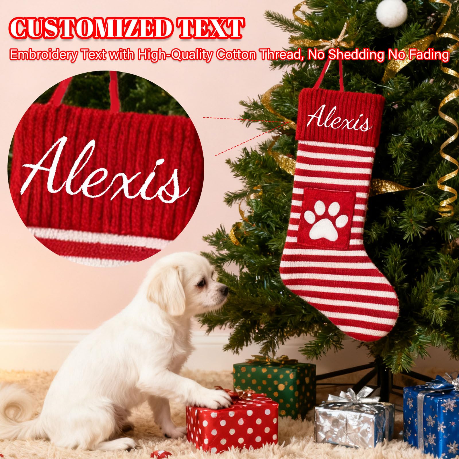 Generisch 6 PCS Personalisiert Weihnachtsstrumpf, Namensstickerei, 35 cm | Rot-Grün Gestreifter Strickstrumpf, 13.8zoll, Weihnachtsdeko für Familie & Haustiere