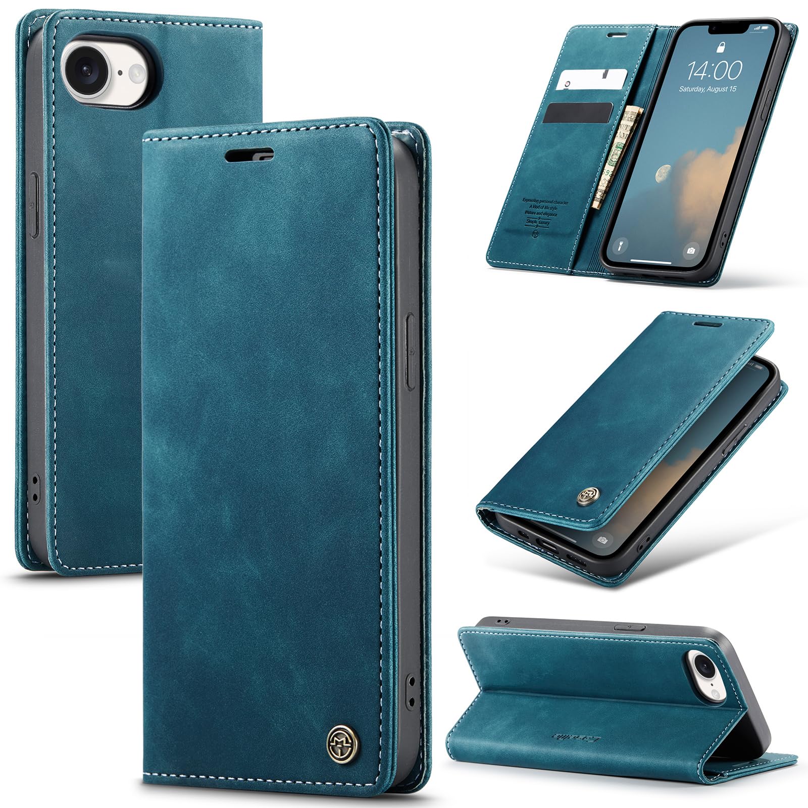 Azororo Cover per iPhone 16E 5G, Premium PU Pelle Custodia, Magnetica Carta Fessura Portafoglio Case, Flip Cavalletto Custodia per iPhone 16E - Blu verde