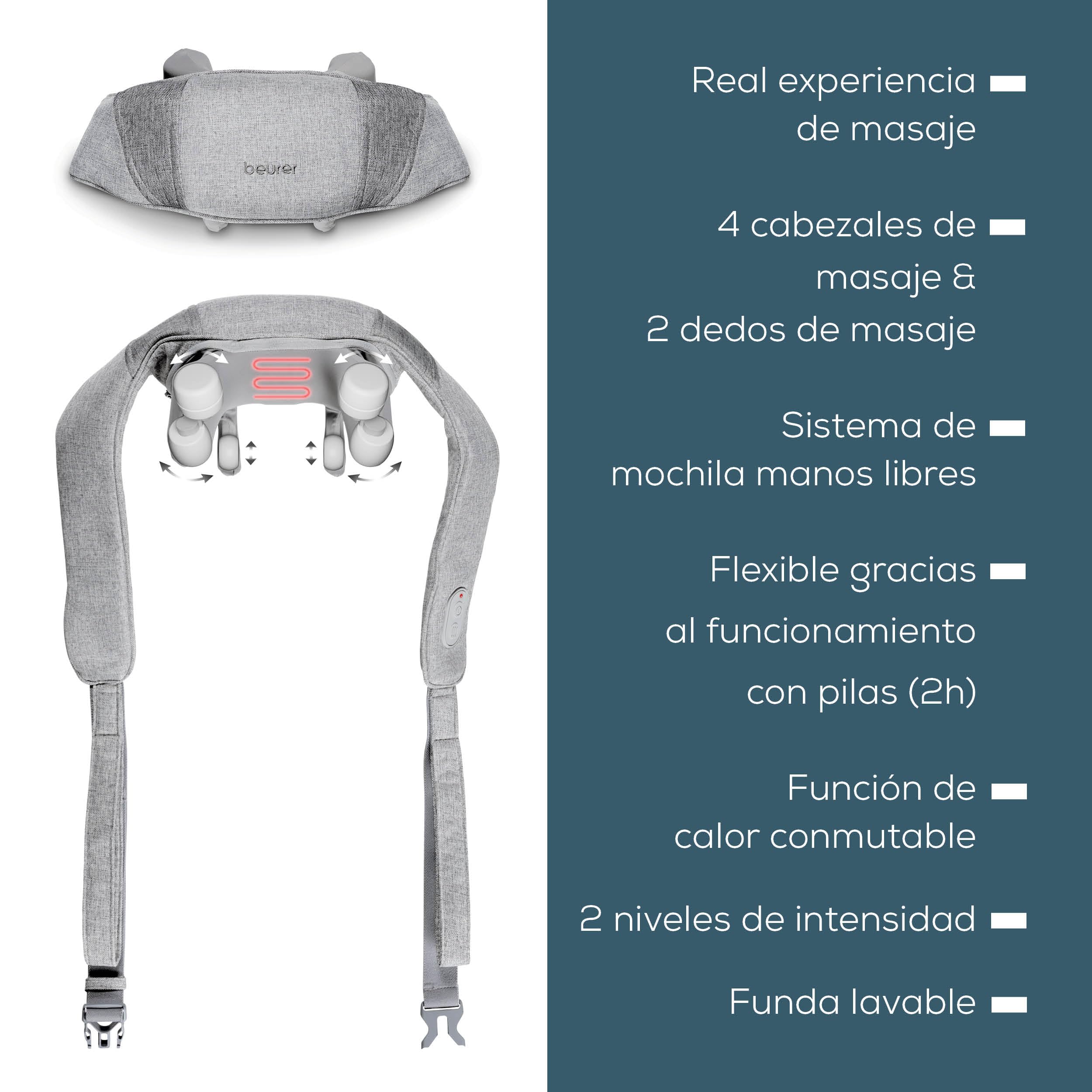 Beurer MG 154 Aparato de masaje para la nuca con batería con función de calor, para hombros y nuca, funcionamiento inalámbrico de hasta 2 horas, 6 cabezales y dedos de masaje que simulan las manos