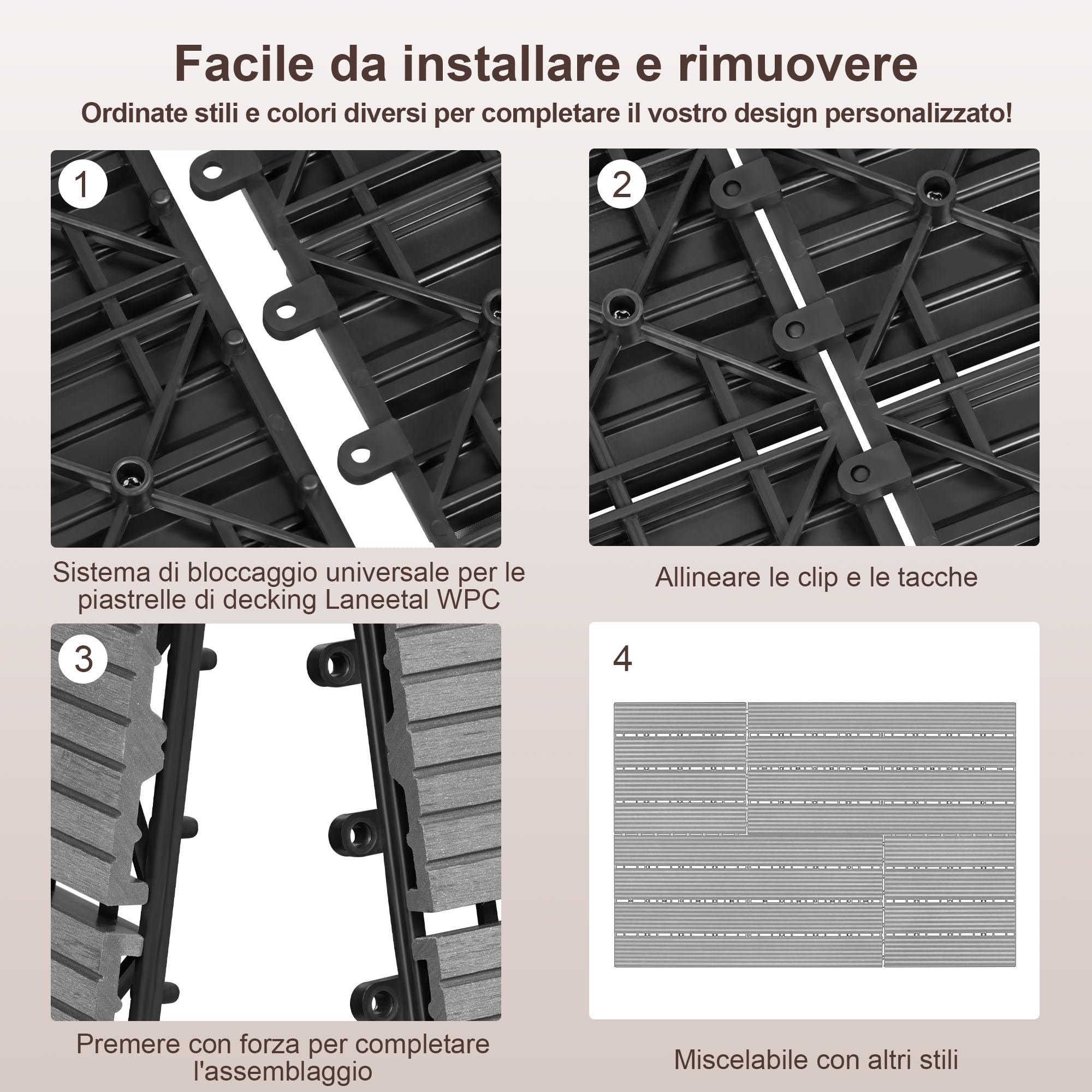 Laneetal Set di 22 Pavimento per Esterno, Pavimento WPC Incastro, per Giardino, Patio, Terrazza, Balcone, Pavimentazione Esterna 30x30 cm, Marrone