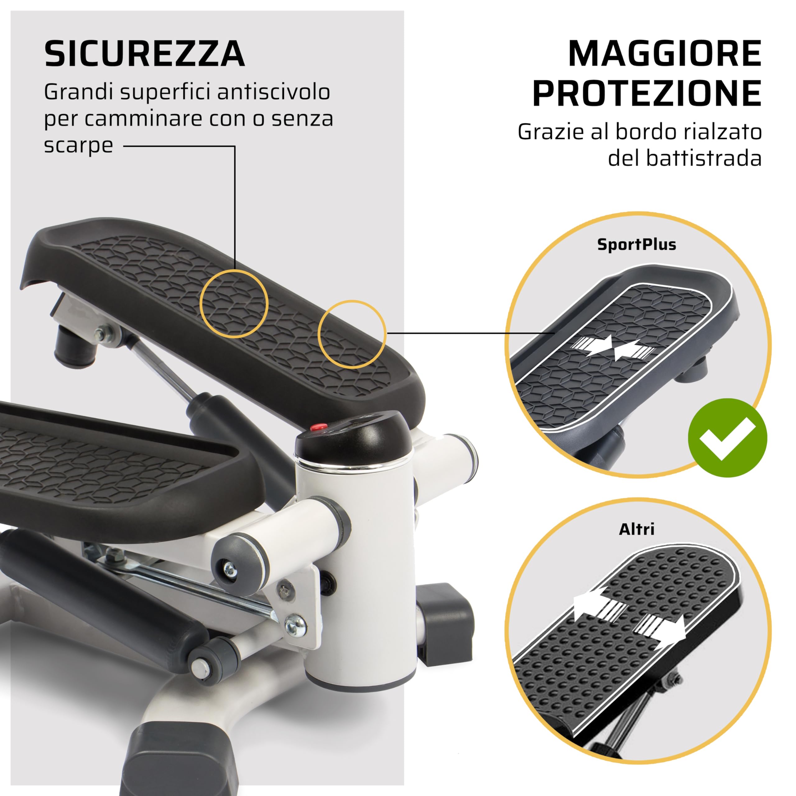 SportPlus Mini stepper 2-in-1 con tecnologia di commutazione brevettata, stepper oscillante e stepper up-and-down in un'unica unità, fino a 100 kg, cilindro idraulico senza usura