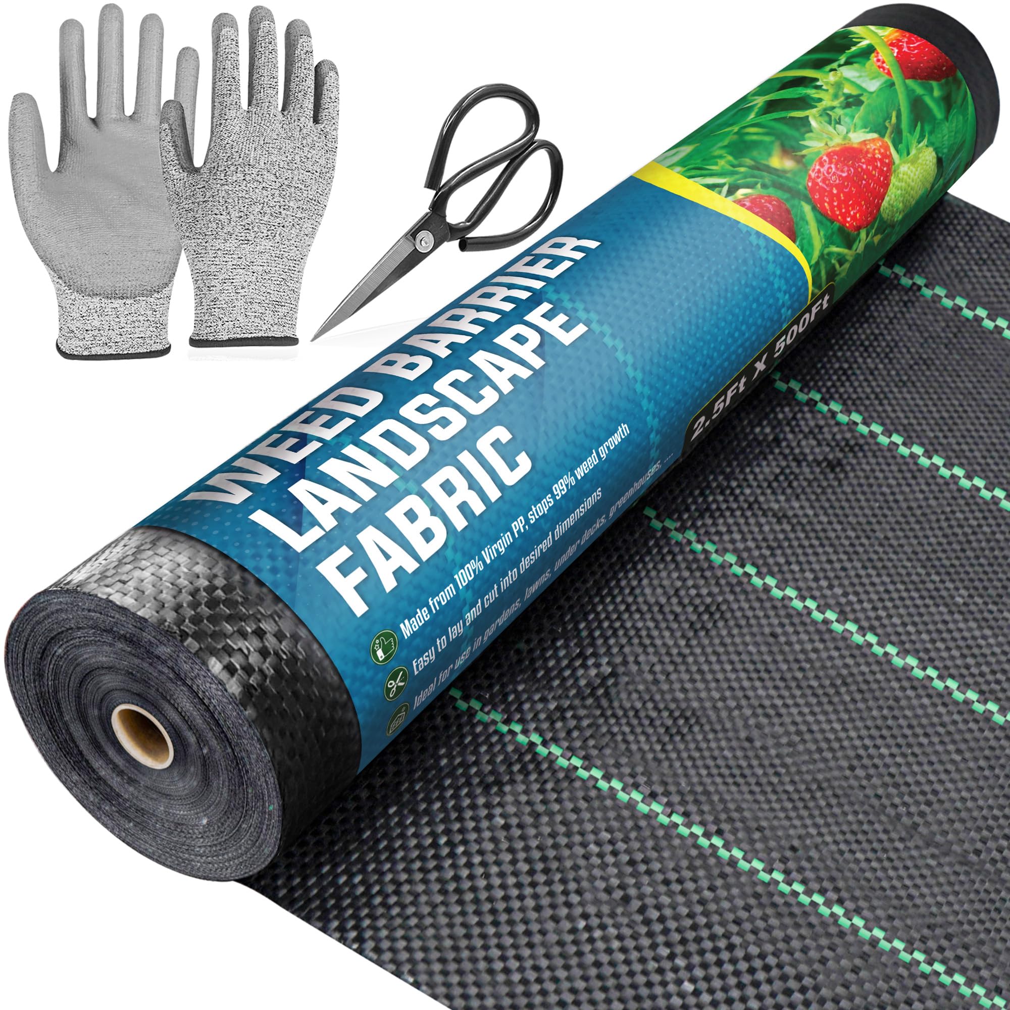 2.5ftx500ft Garden Weed Barrier Landscape Fabric (Including Scissors & Gloves), Large Weed Block Gardening Mat, Heavy Duty Ground Cover Weeds, Superior Weed Landscape Control For Vegetable Projects.