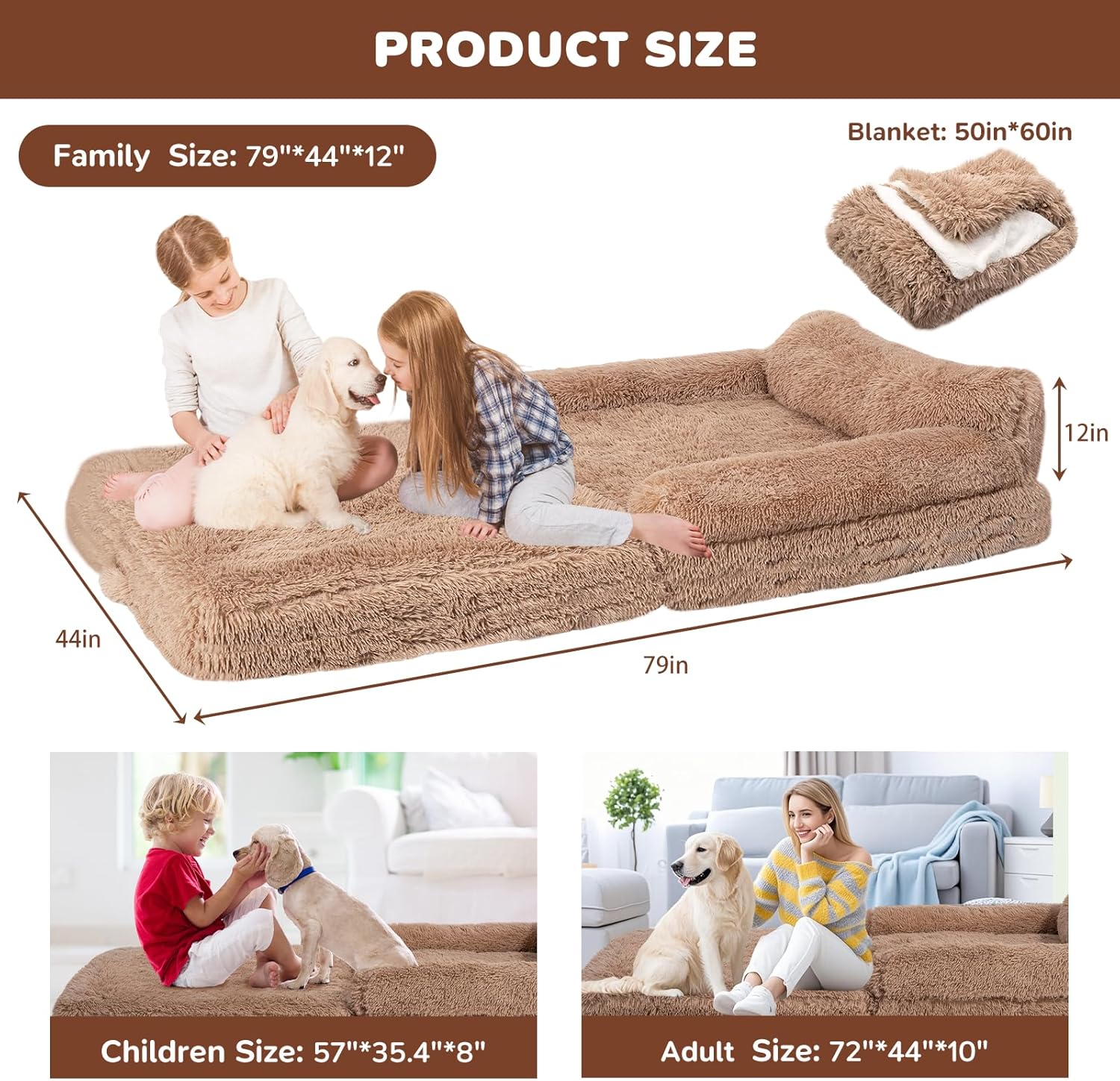 OtterOasis Foldable Human Dog Bed for Adults, Fluffy Human Sized with Blanket, Orthopedic Washable Dog Bed with Memory Foam and Water Repellent Liner for Pet (Brown, 79 * 44 * 12 inch)
