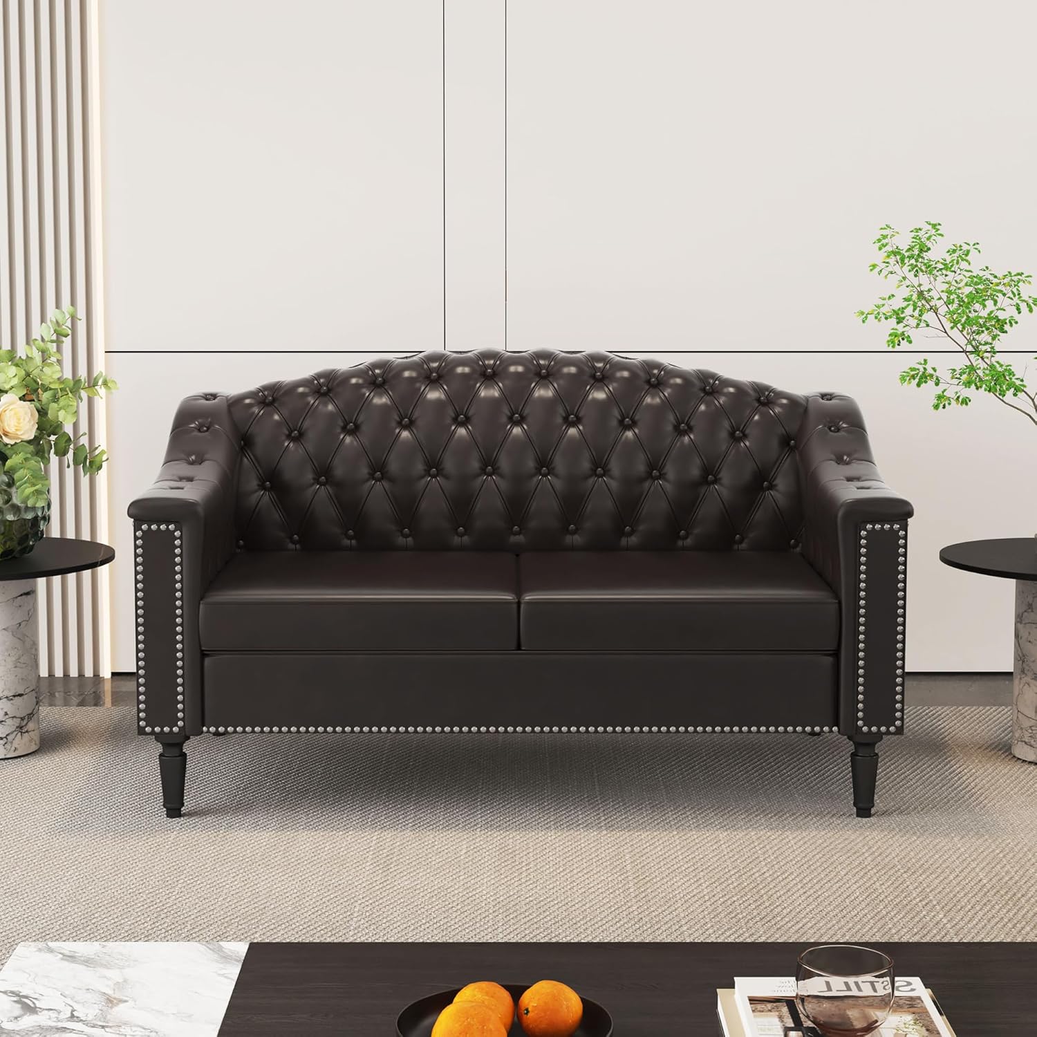 AVZEAR 3-Piece Living Room Sofa Set, Chesterfield Sofa Mid-Century Modern PU Sofa, Upholstered Couch with Nailhead Trim and Button Tufted for Living Room, Office, Bedroom (1+2+3 Seat Brown)