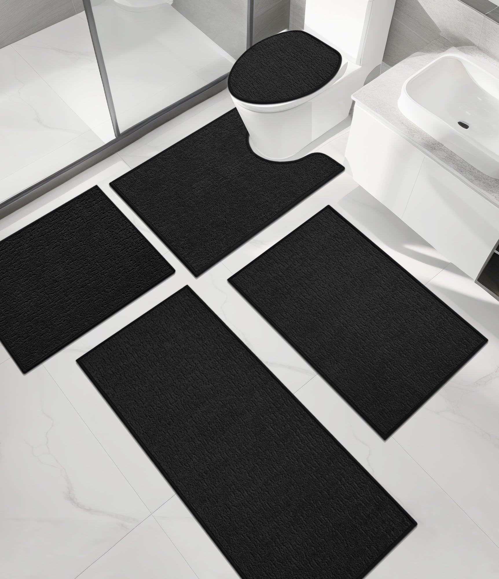 chakme Bathroom Rug Sets 5 Piece, Ultra Thin Bath Mat Quick Dry, Absorbent, Non Slip, Machine Washable, Black