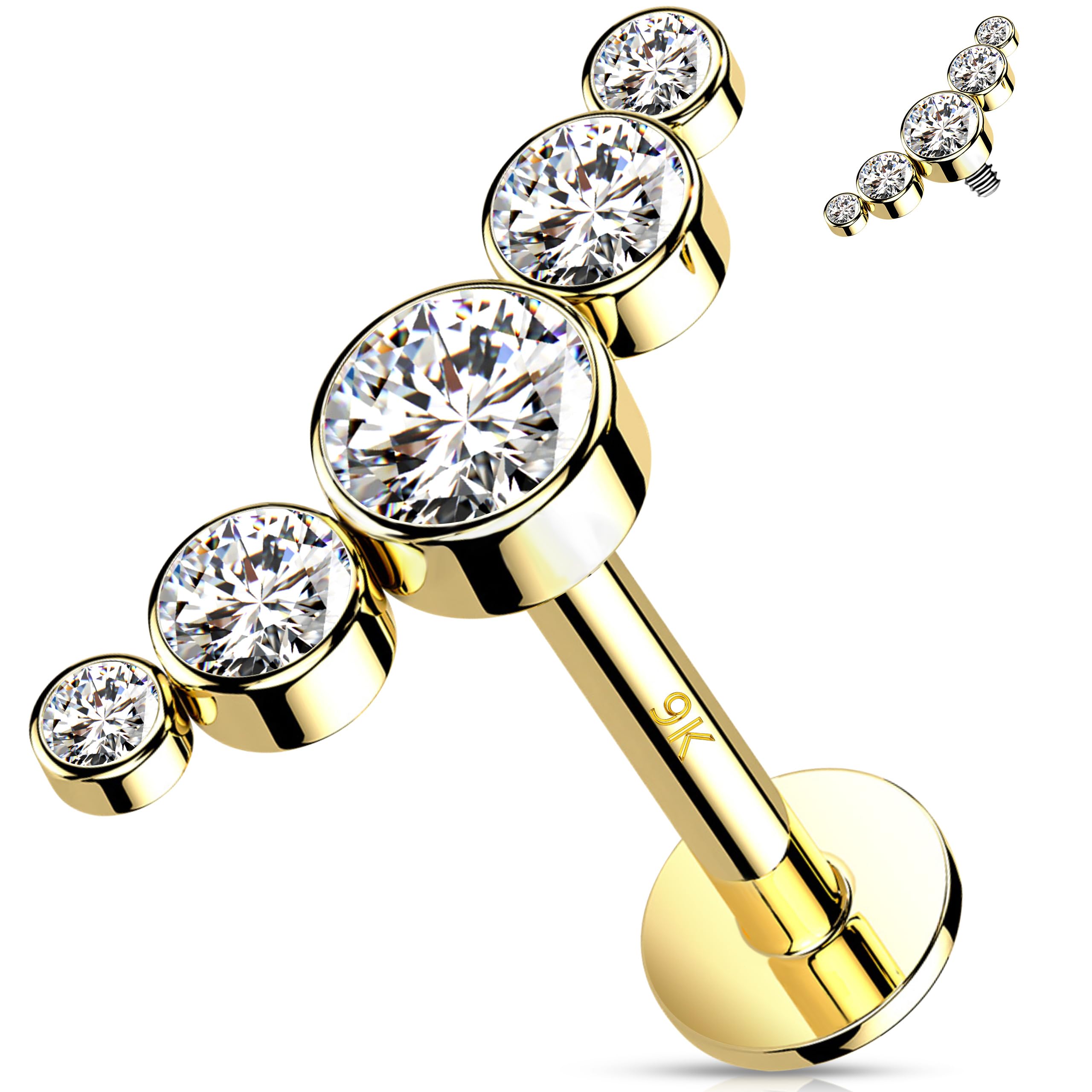 Melighting Pendientes curvados de oro macizo de 14 quilates para cartílago con rosca interna, circonita cúbica, parte trasera plana, 16 g, piercing para labret