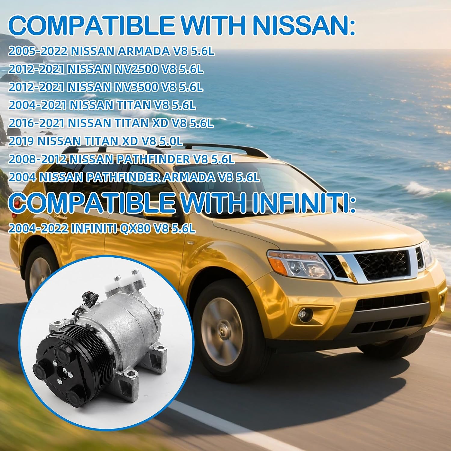 92600-7S000 Air Conditioner AC Compressor with Clutch Compatible With 2005-2022 Nissan Armada TITAN XD 2012-2021 Nissan NV2500 NV3500 V8 5.6L 5.0L