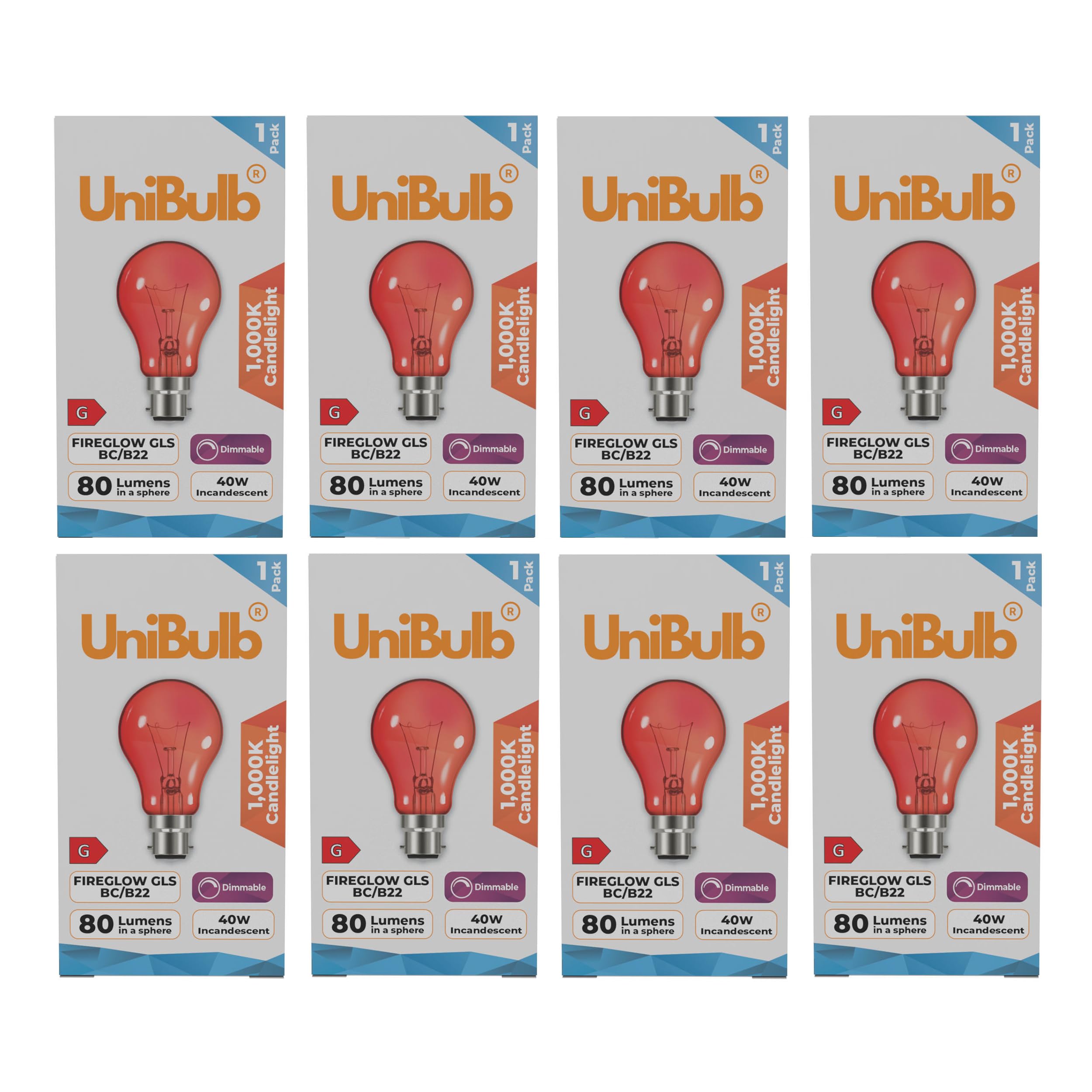 Unibulb Fireglow Red Light Bulbs, 40W, GLS BC B22 Bayonet, 1000K Candlelight, Dimmable (8) โ image 1