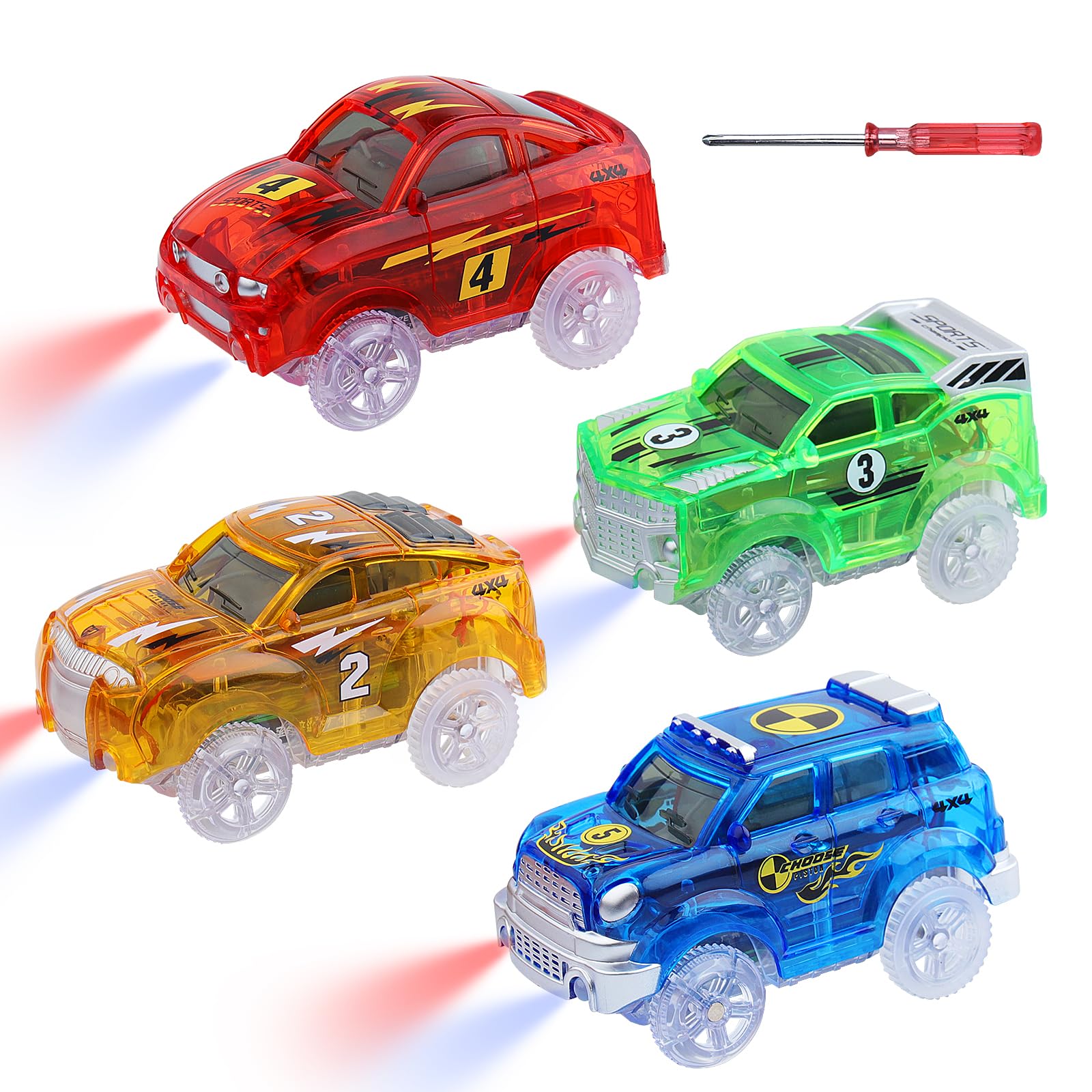 Track Cars Magic Toy Gifts 4 Pack Replacement Track Cars for 3 4 5 6 7 8 Years Old Kids Boys Girls Toy Track Cars with 5 LED Lights Glow in The Dark