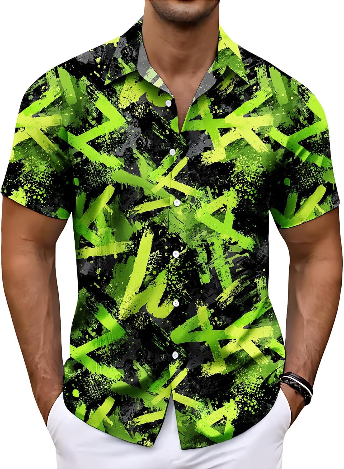 Men's Short Sleeve Button Down Shirt Vibrant Neon Print Lightweight Summer Casual Loose Fit Tops for Beach Vacation