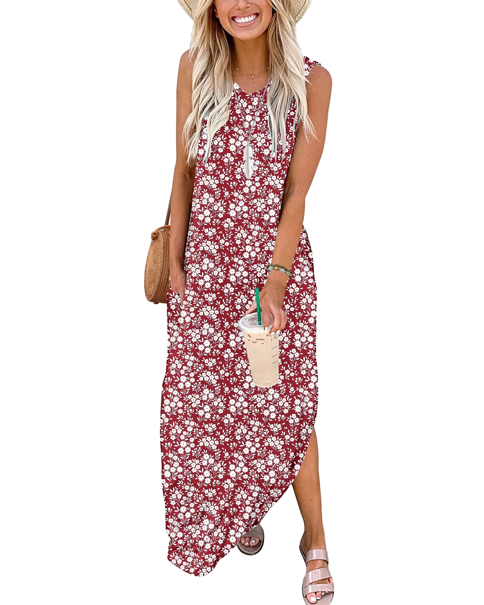 WNEEDU Damen Sommerkleider Lang Strandkleider V-Ausschnitt Maxikleider Ärmellos A-Linie Kleider mit Taschen