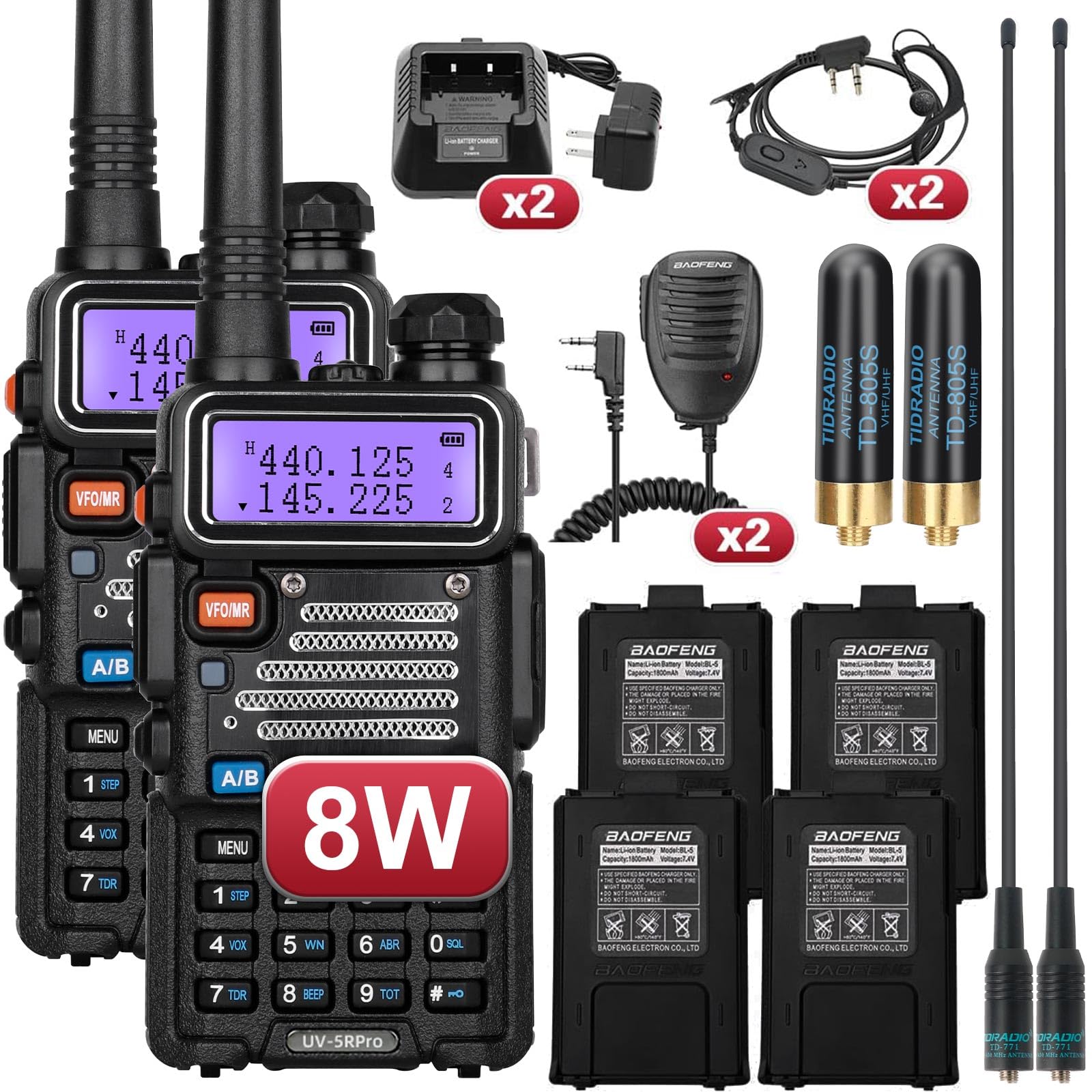 Baofeng UV-5R 8W High Power Ham Radio with 4pcs Batteries, Dual Band Long Range Two Way Radio Walkie Talkie Ham Radio Handheld with Earpiece,Speaker Mic,Charger and Antenna Full Kit (2 Pack)