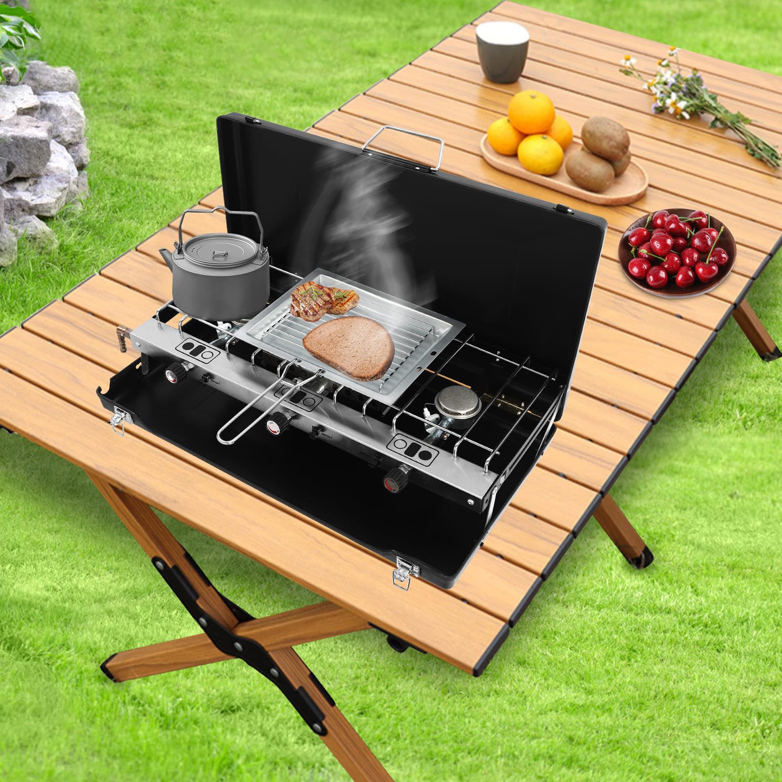 Réchaud d'Extérieur Portable avec 3 Brûleurs 1500W, Pliable et Compact, Alimenté par Propane/Butane, Idéal pour Camping, Caravaning, Barbecue en Plein Air