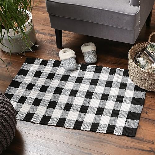 Miniatura 6 de DII Buffalo Check Rug Collection, alfombra Chindi reversible teñida a mano, 26 x 40 pulgadas, color negro