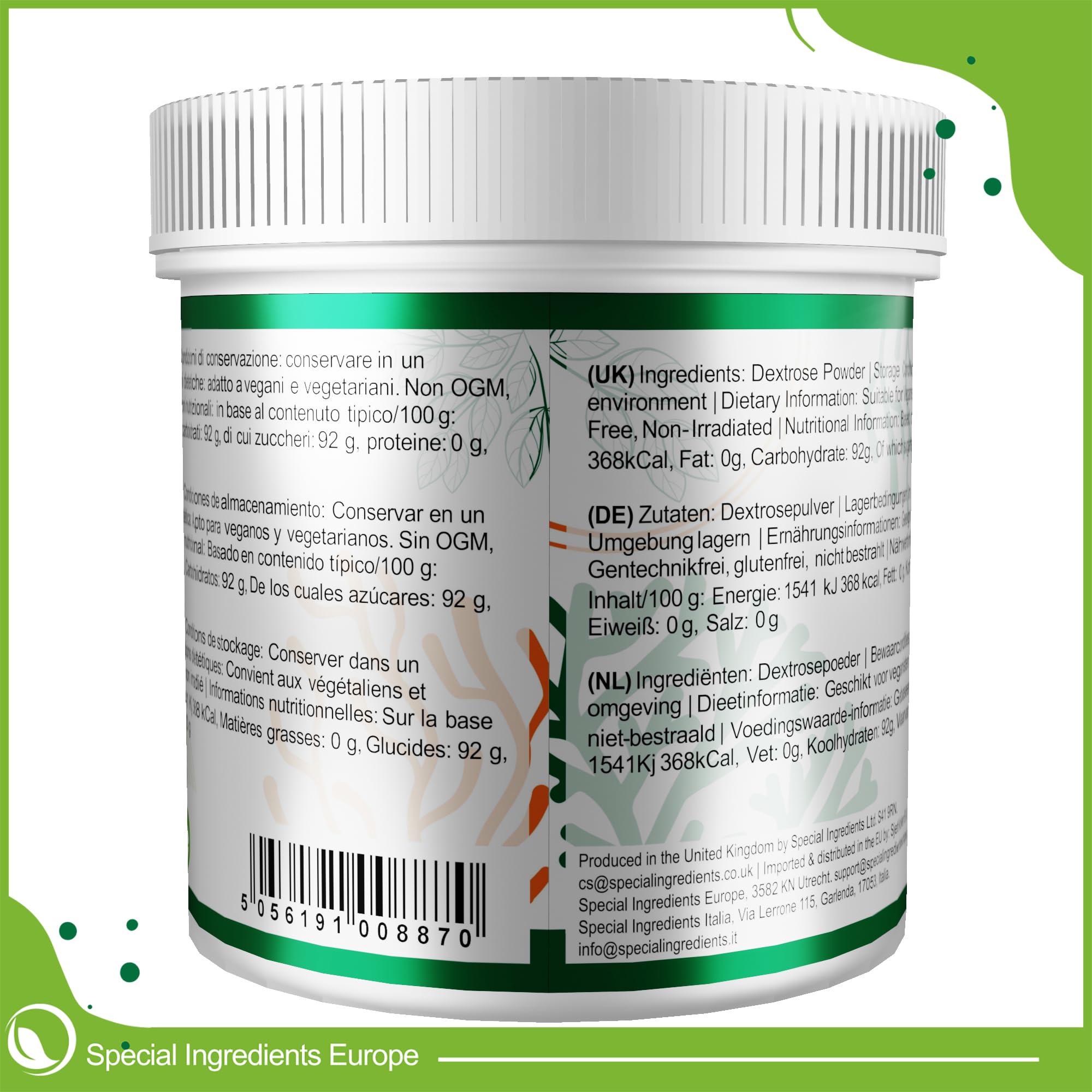 Special Ingredients Dextrose Poudre de qualité supérieure 10 kg Convient aux végétaliens et aux végétariens Sans OGM, sans gluten, non irradié Récipient en plastique recyclable