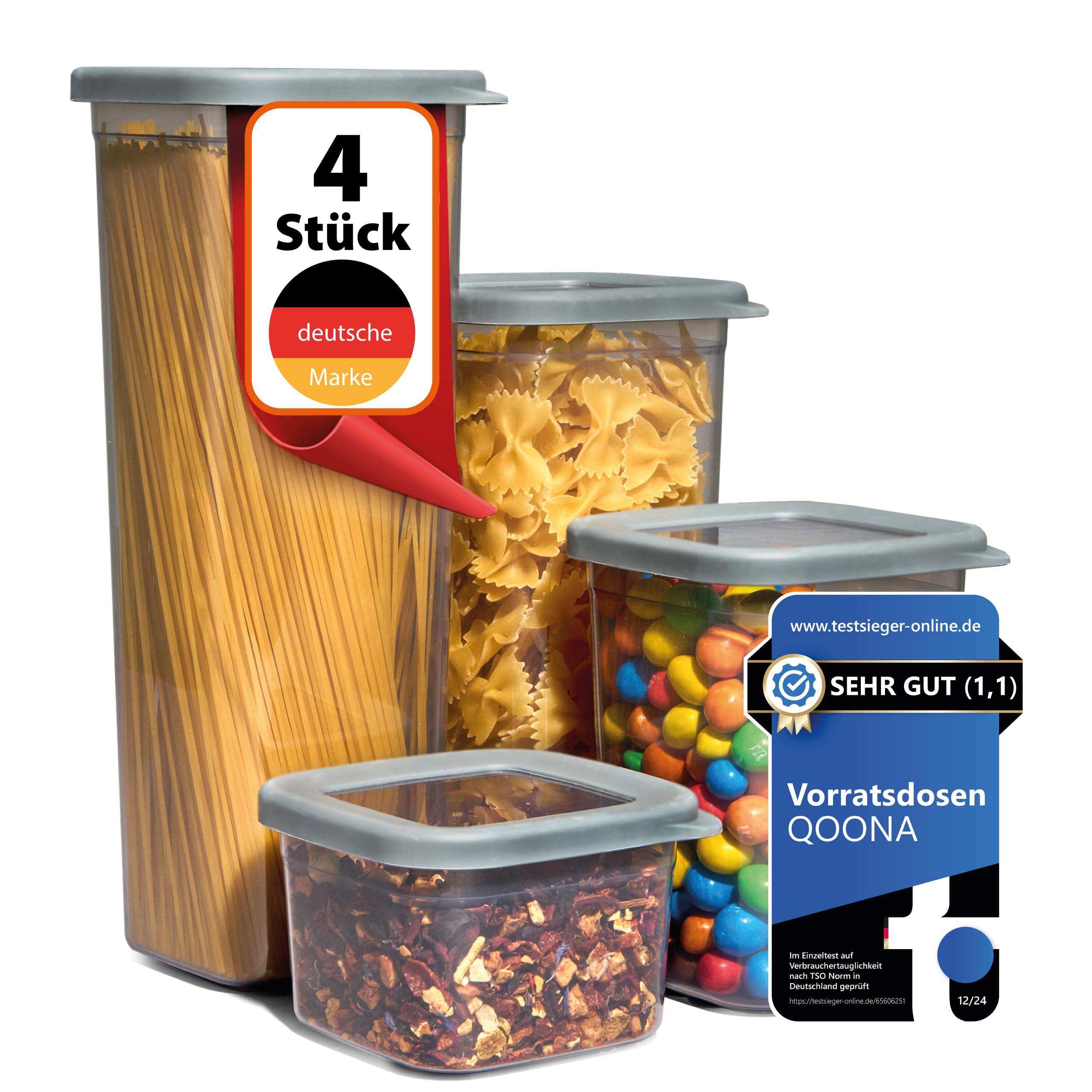 QOONA Luftdichte Vorratsdosen mit Deckel [4er-Set] Anthrazit - Stapelbar & platzsparend für die Küche, Vorratsgläser luftdicht, Mehl Aufbewahrung, Food Container, Vorratsbehälter, Aufbewahrungsbox