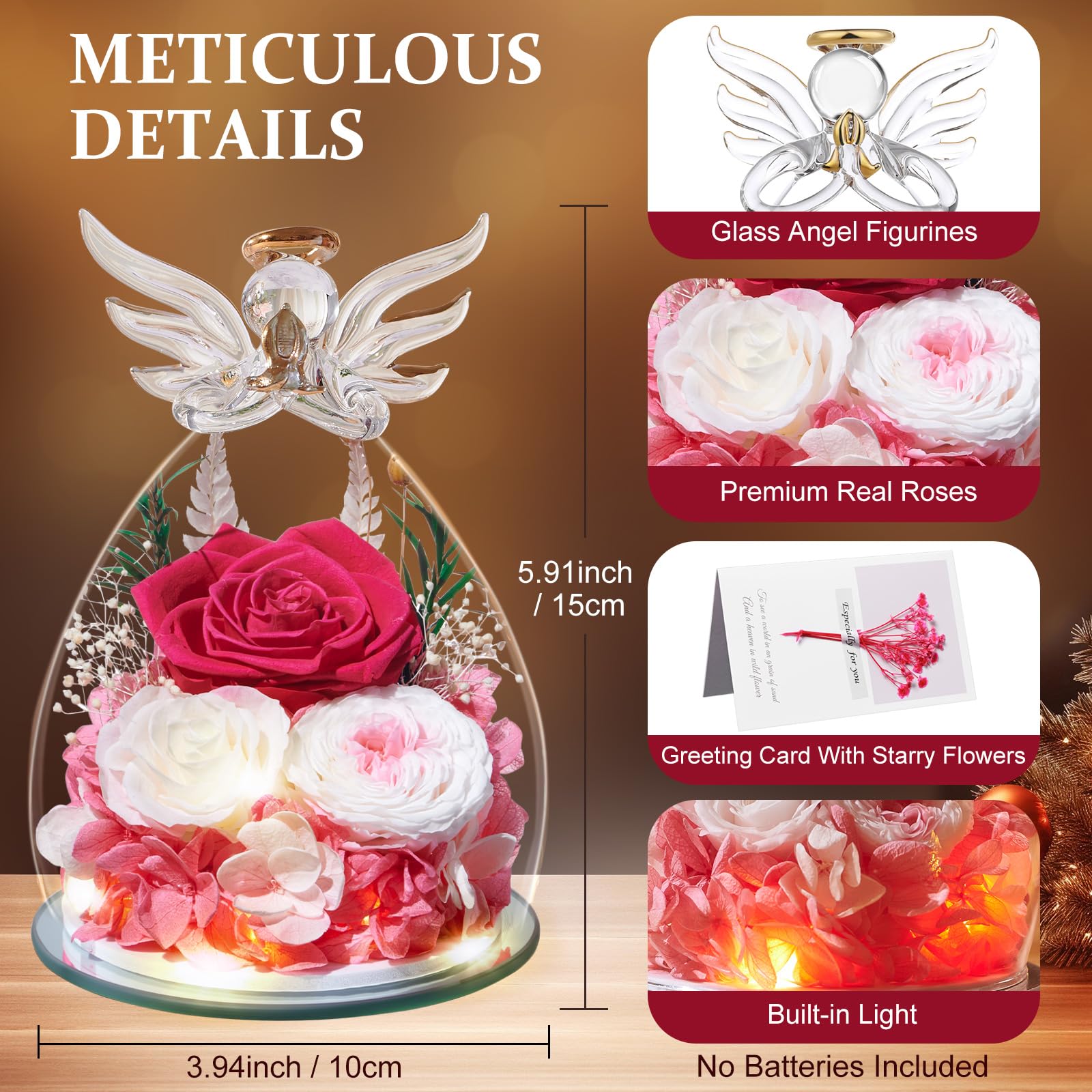 Touloube Festa della Mamma Rosa Stabilizzata Vera Regalo, Regalo Rosa Eterna con Angelo e Luci LED, Regalo Compleanno Anniversario San Valentino per Fidanzata, Moglie, Mamma, Donna, Madre, Nonna