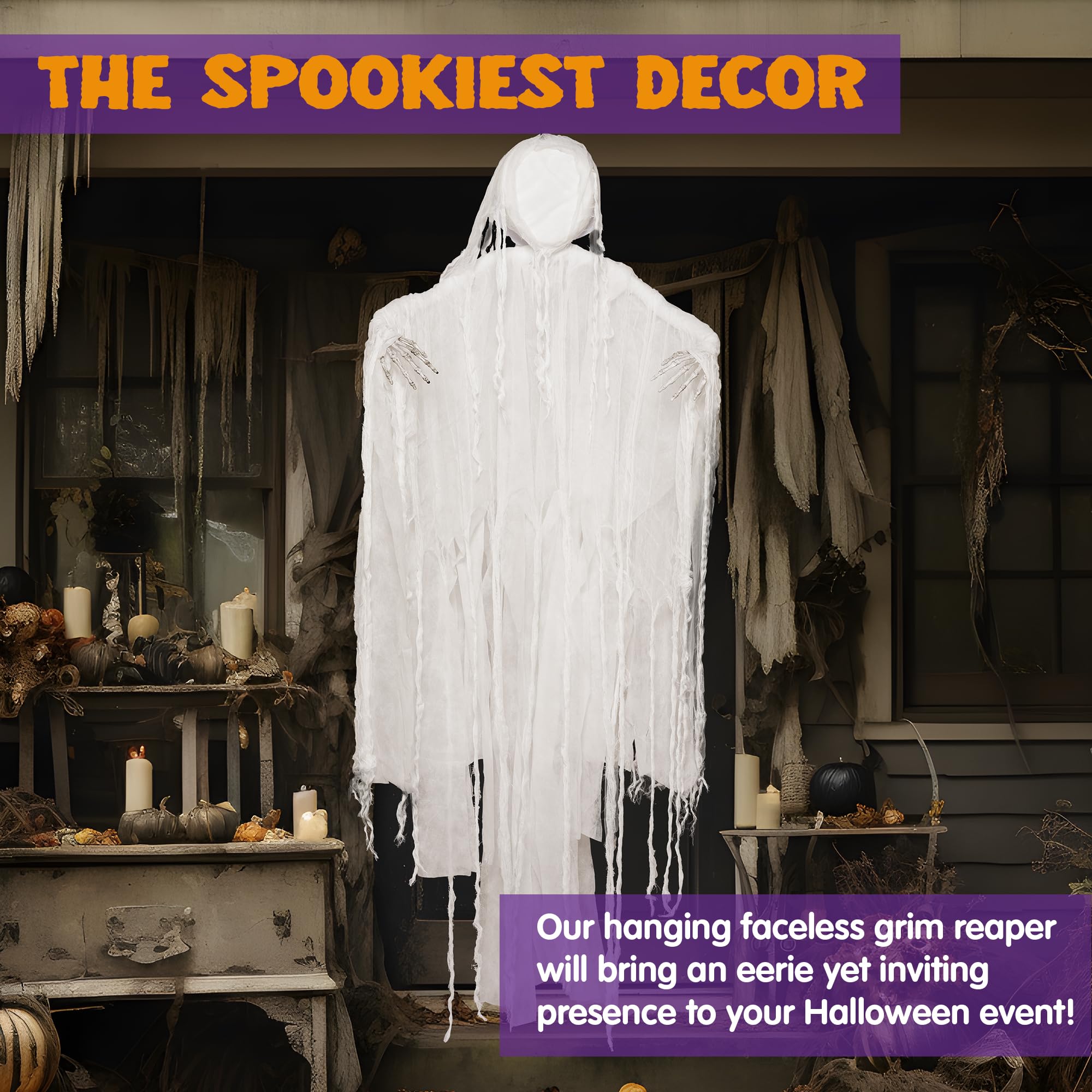 JOYIN Wiszący ponury żniwiarz 160 cm, duch bez twarzy w kolorze białym na Halloween, dekoracje wewnętrzne/zewnętrzne, dekoracja nawiedzonego domu, trawnik, wiszące dekoracje na podwórko