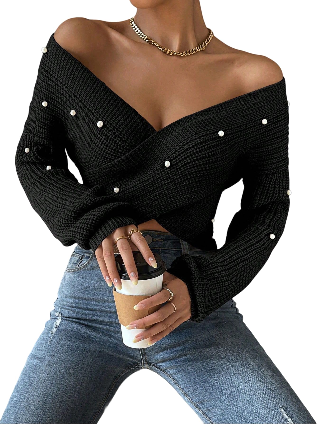 Womens Sexy Off-Shoulder Wrap Sweater V-Neck Long Sleeve Pearl Embellished Criss Cross Knit Cropped Pullover Top