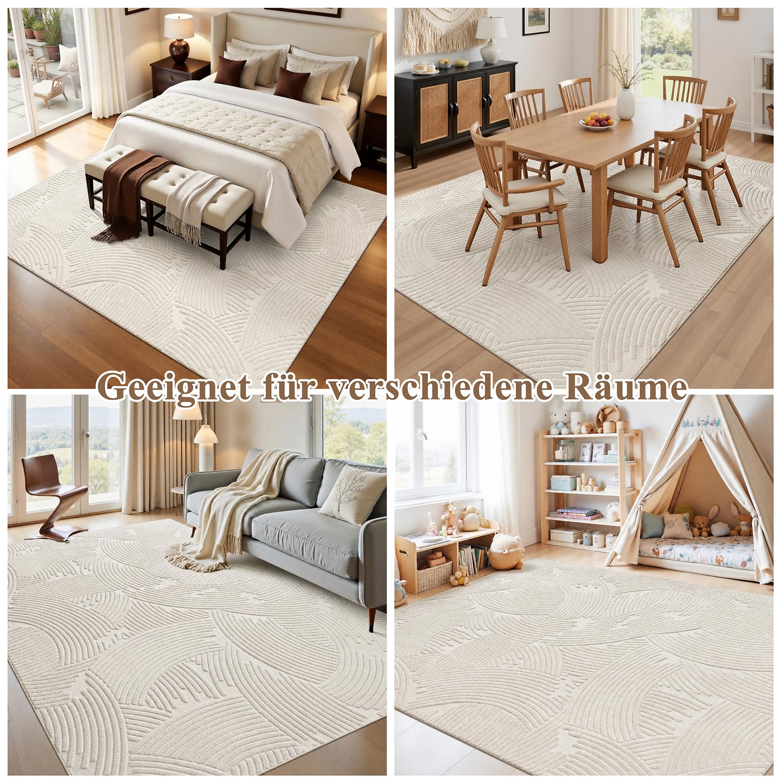 Waschbarer Teppich 160x230 cm für Wohnzimmer, Beige weich flauschig mit Rutschfester Unterseite, kurzflor Design für Schlafzimmer Esszimmer Büro
