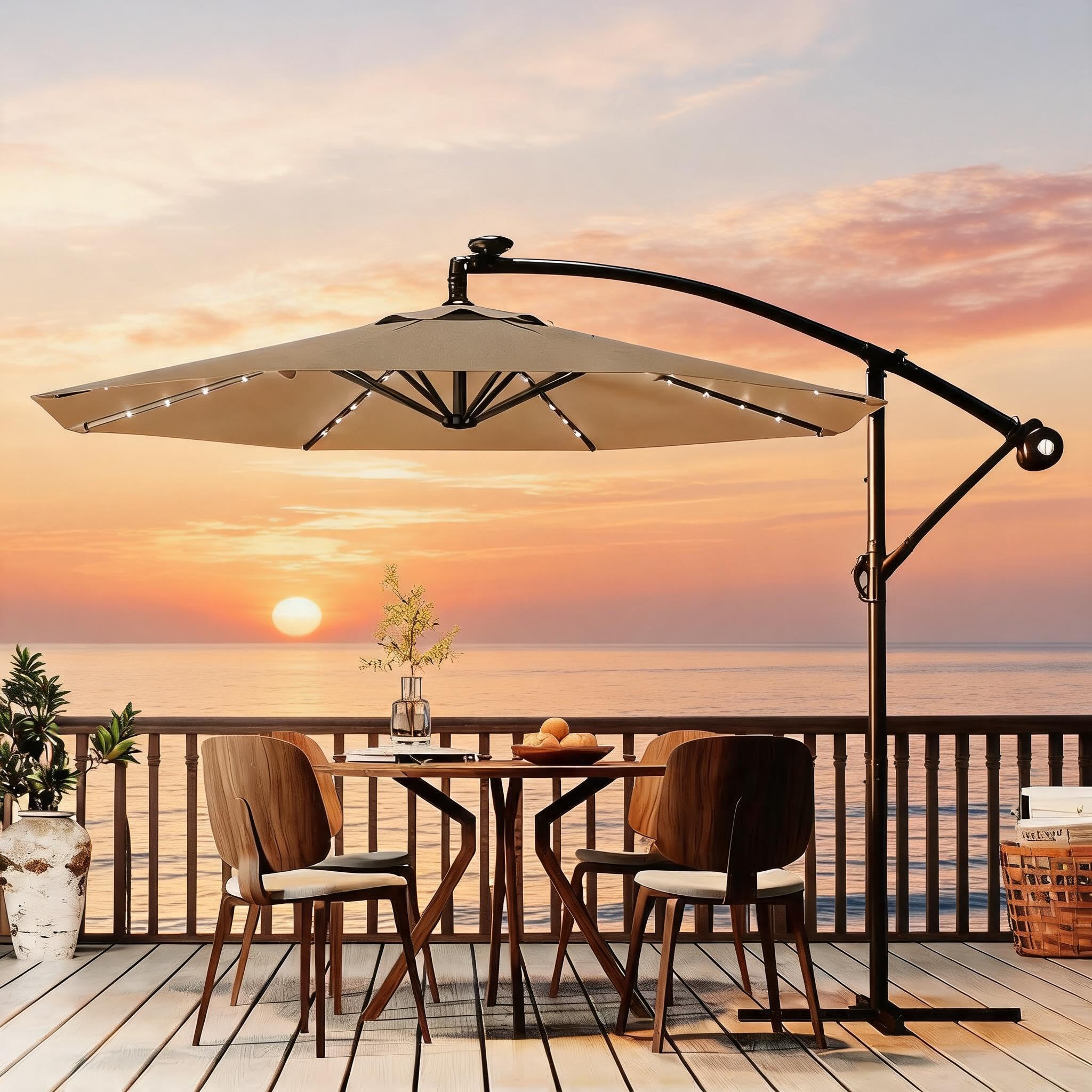 Photo 1 of Garvee 10FT Solar Lights Offset Patio Umbrella with Cross Base, Tan