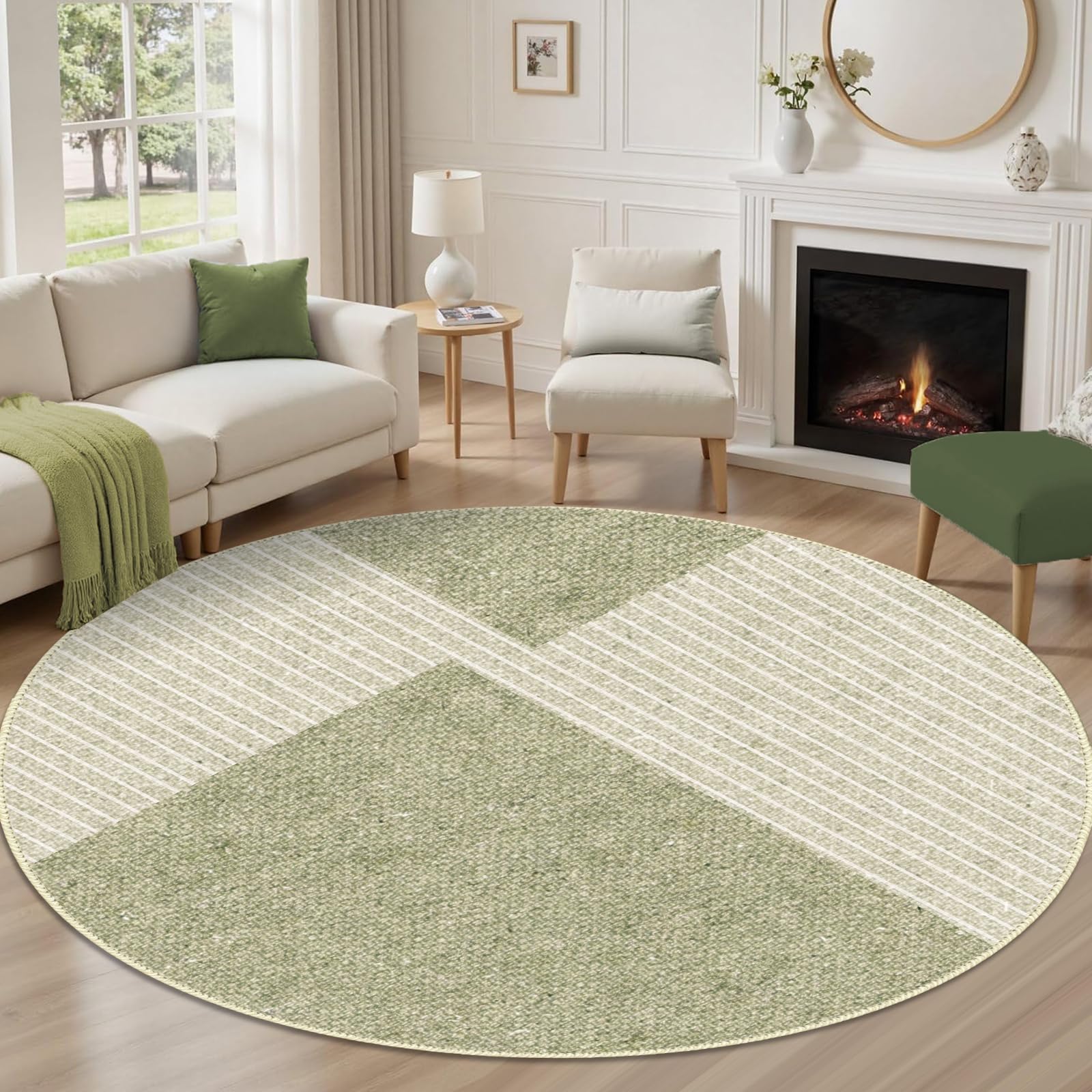 Tapis de salon rond 80 cm, moelleux à poils courts avec design géométrique vert et beige, antidérapant et lavable, pour le salon ou comme descente de lit, en vert, beige