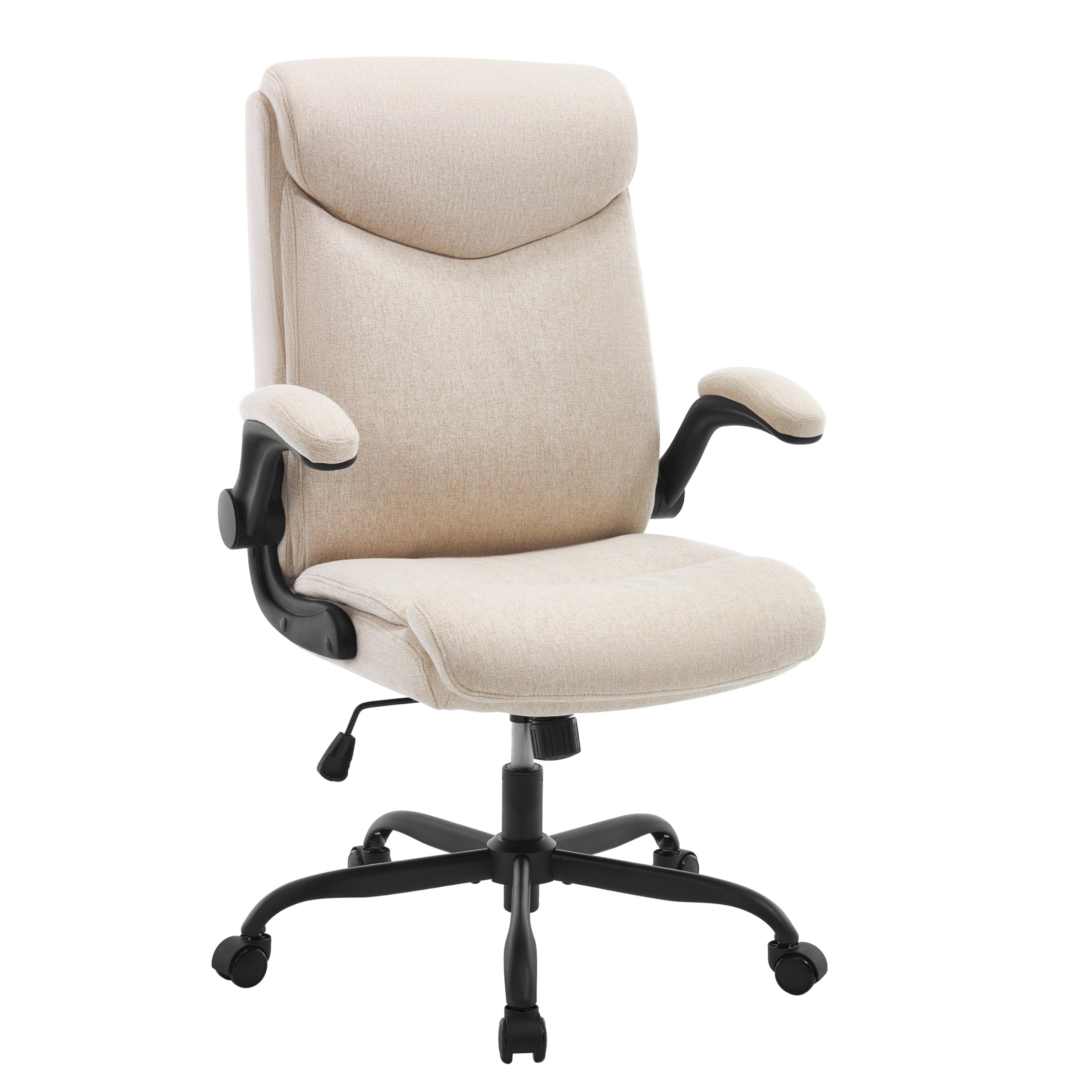 eSituro Silla Ergonomica Escritorio con Respaldo y Reposabrazos Abatibles, Silla de Trabajo Giratoria con Función Mecedora, Algodón y Lino, Beige
