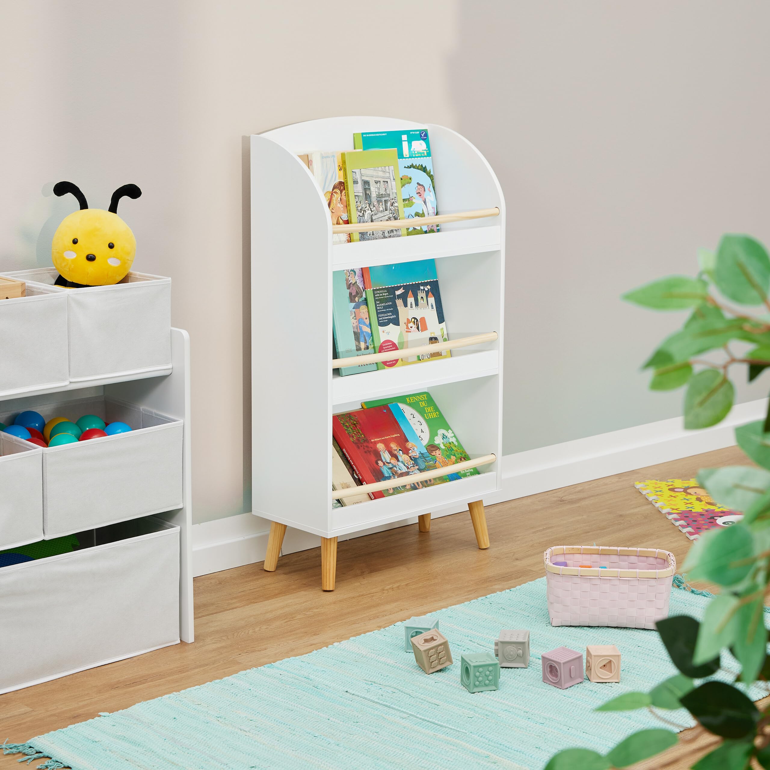 Relaxdays Scaffale Portagiochi Bambini, Libreria con 3 Scomparti Porta Libri e Giocattoli, HLP: 95,5x50x24 cm, Bianco