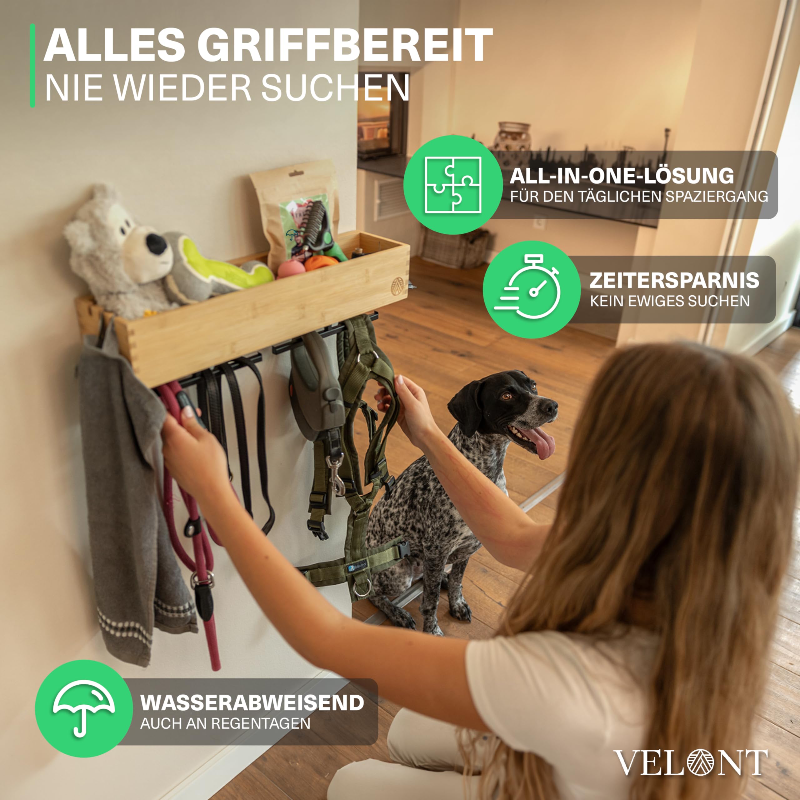 VELONT Perchero XXL con estante, perfecto aparcamiento de lino, bambú respetuoso con el medio ambiente, estación para ropa y accesorios, marca alemana, incluye dispensador de bolsas de excrementos,