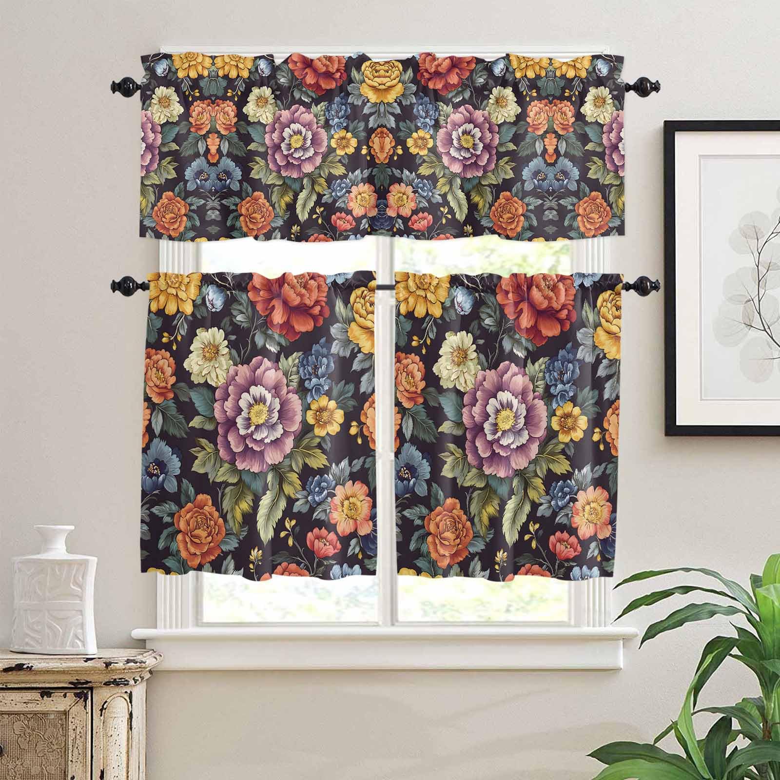 Watercolor Flower Kitchen Curtains 36 Inch Length, 3 Piece Rod Pocket Small Half Tiers and Valance Set, Seasonal Botanical Blooms Spring Small Large Window Treatment Decor for Bedroom/Bathroom Sink